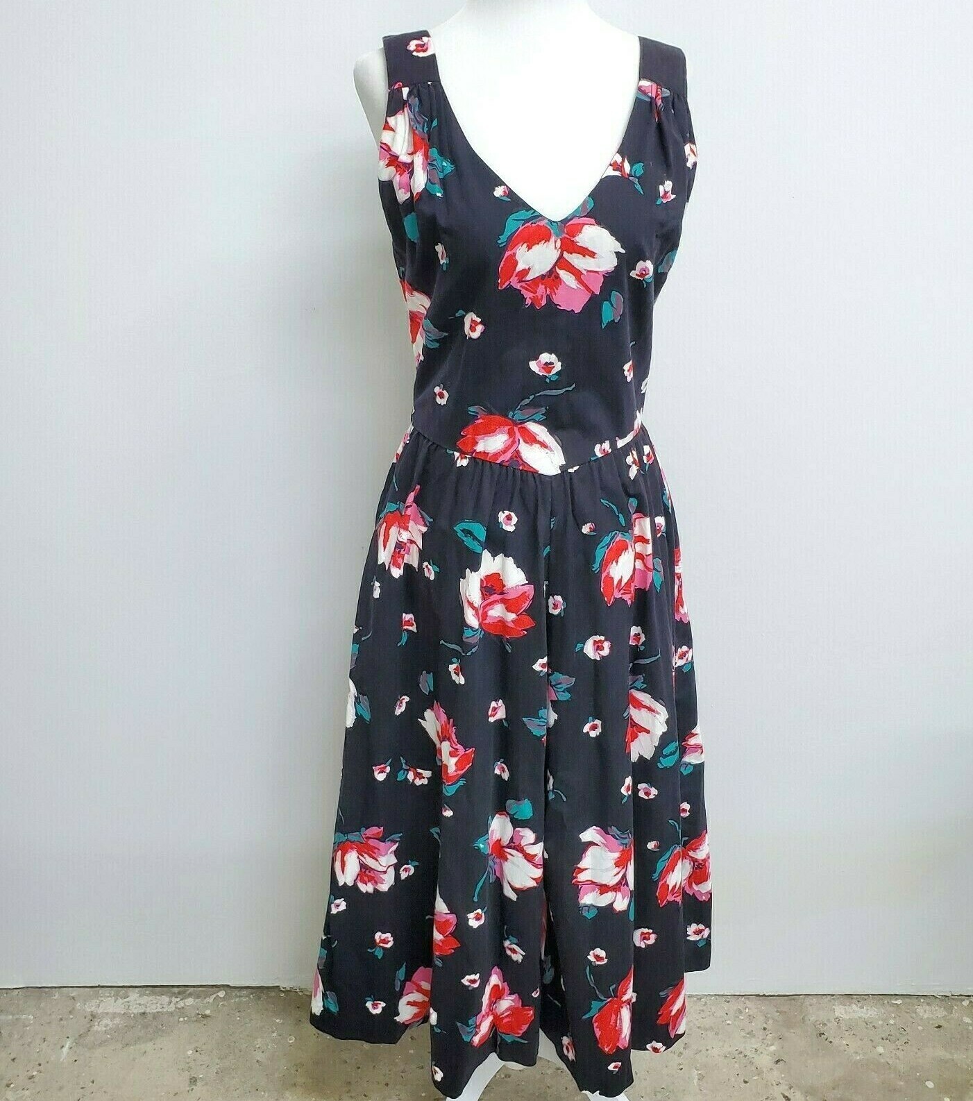 Vintage Lanz Original Floral Black Red 1950s Pinup Dress Size ~M Swing [Faded]