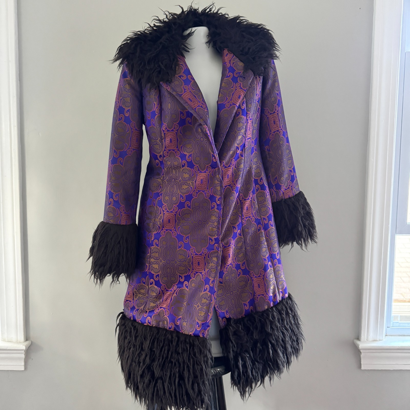 90s vtg VIVIENNE TAM Purple Gold IRIDESCENT Brocade Rave Penny Lane Fur Coat Y2K
