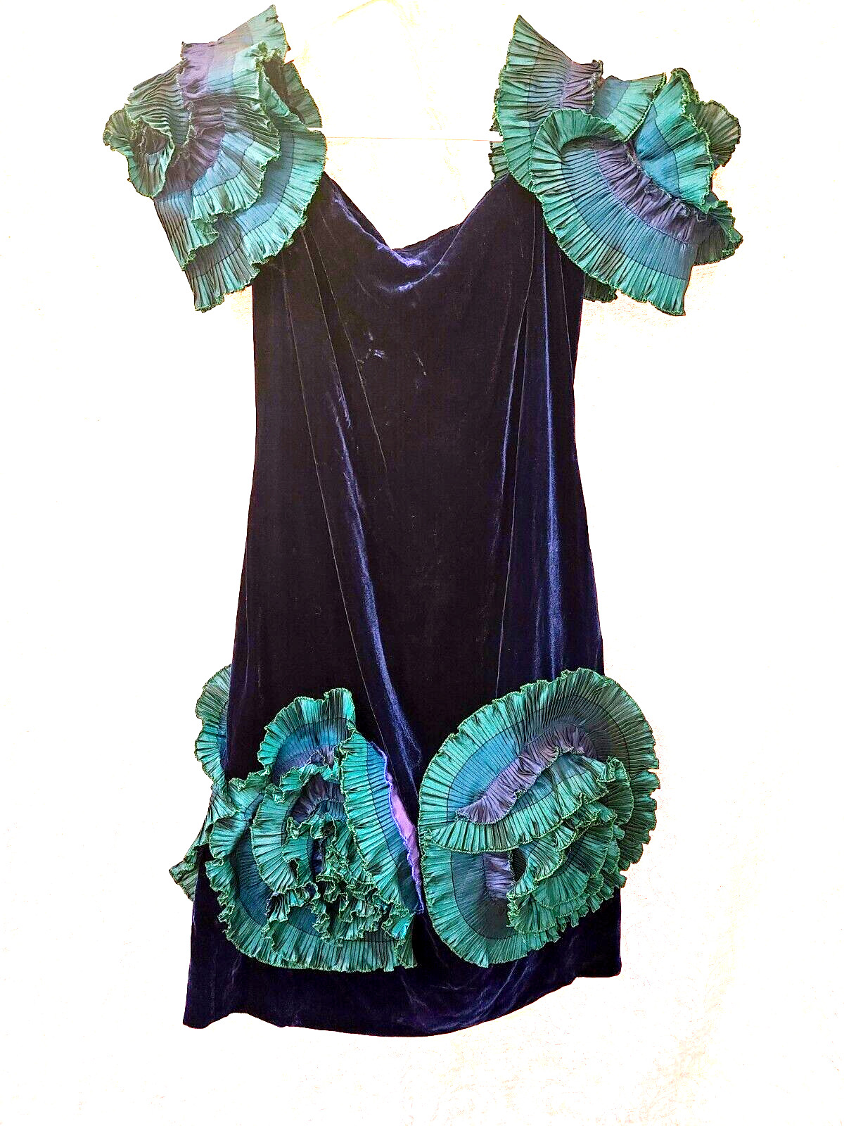 Zandra Rhodes 1980s vntg fabulously frilled silk velvet acetate frock free ship