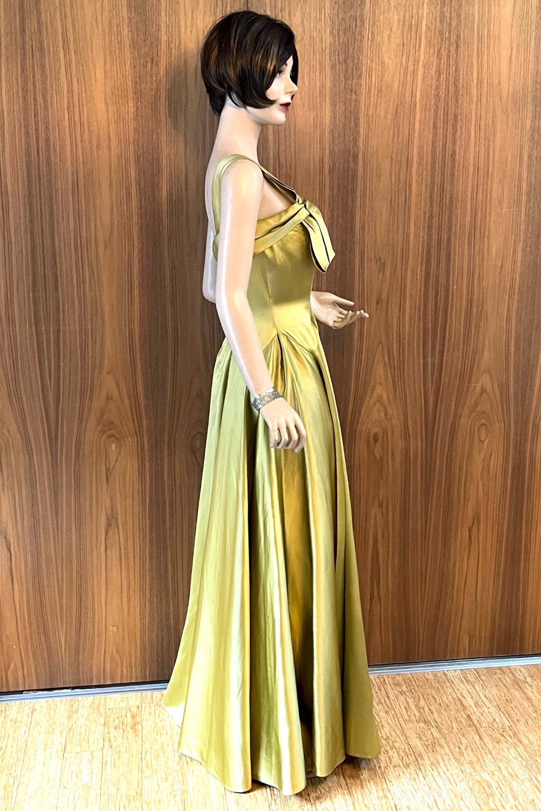 1950s CEIL CHAPMAN Silk Satin Gown Green Gold One Shoulder Full Skirt Dress