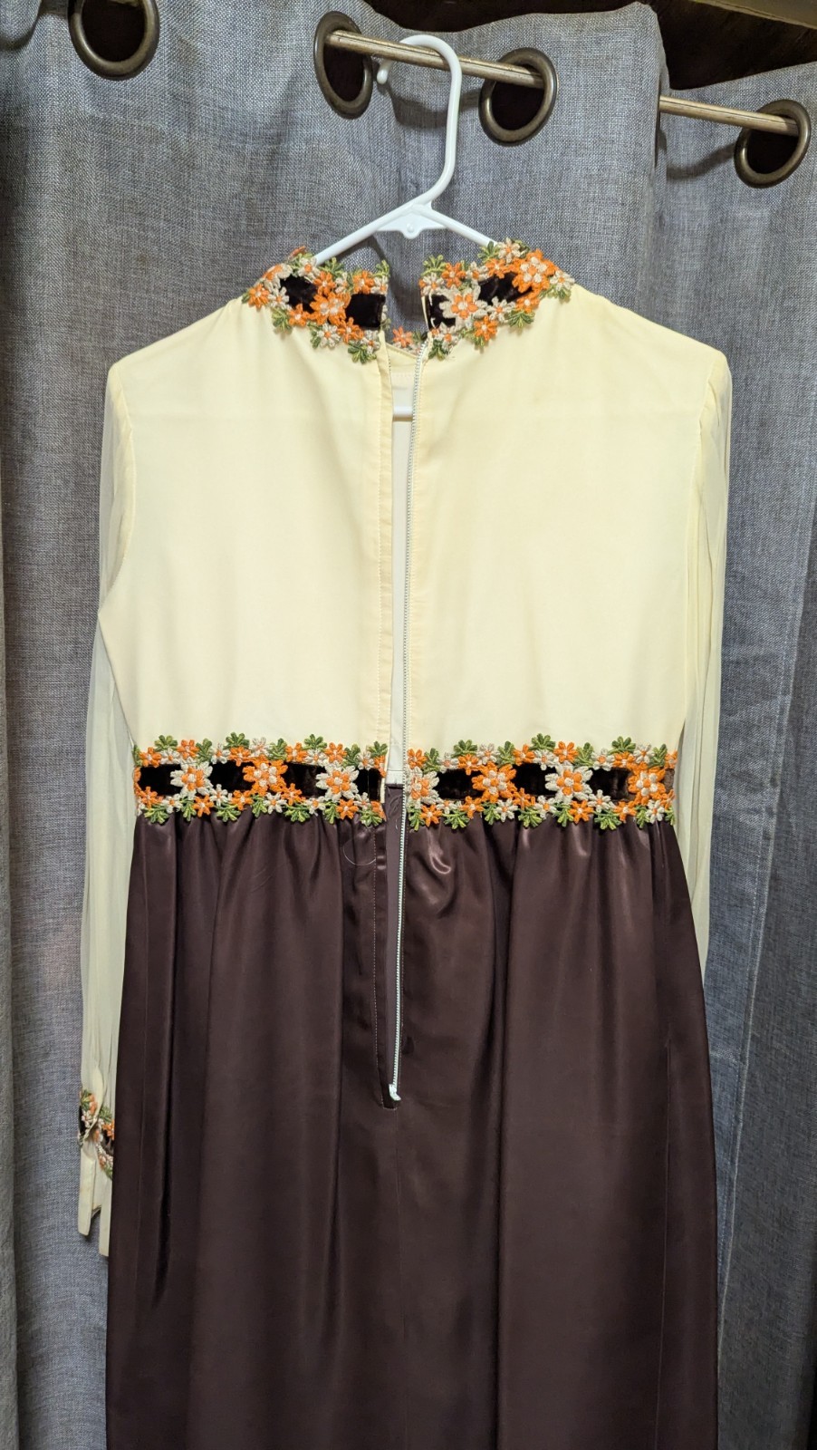 60s 70s Maxi Gown Satin Chiffon Sleeves Brocade Flower Trim