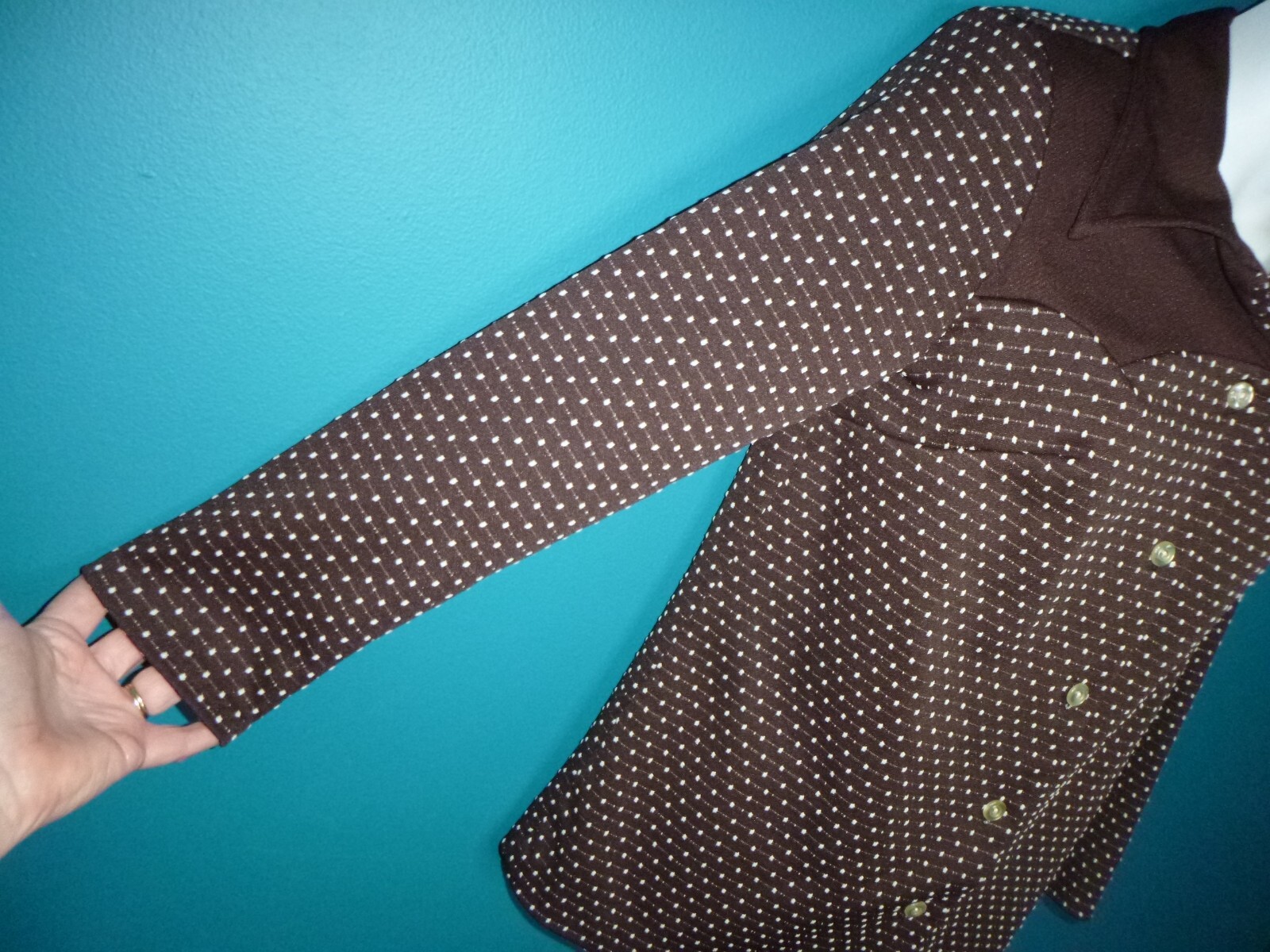 Vtg 60s 70s MOD Polyester Knit Shirt Jacket Brown White Dots Big Collar Sz S/M