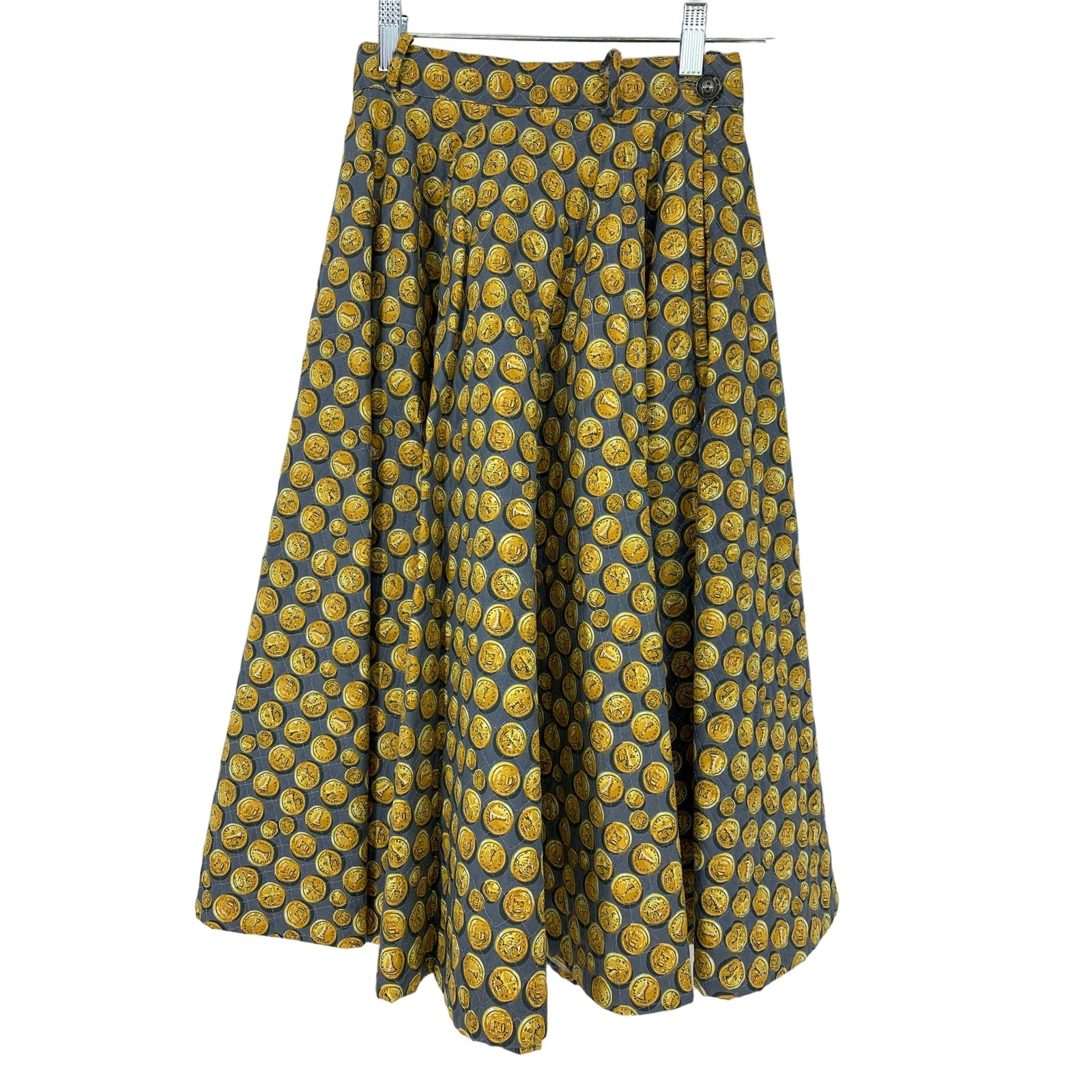 Vintage 50s Women’s XXS/XS Quilted Coin Print Novelty A-Line Skirt Yellow Gray