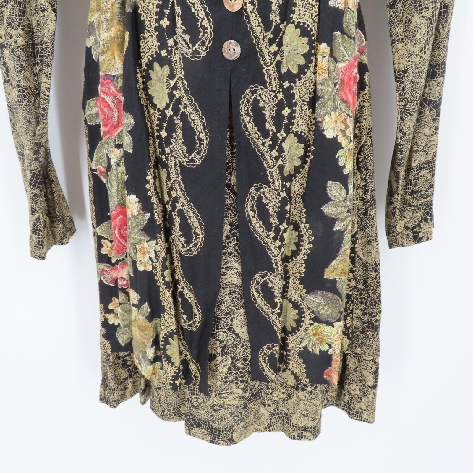 VTG Dawn Joy Womens 7/8 Floral Flower Lace Print Button Long Sleeve Dress Boho