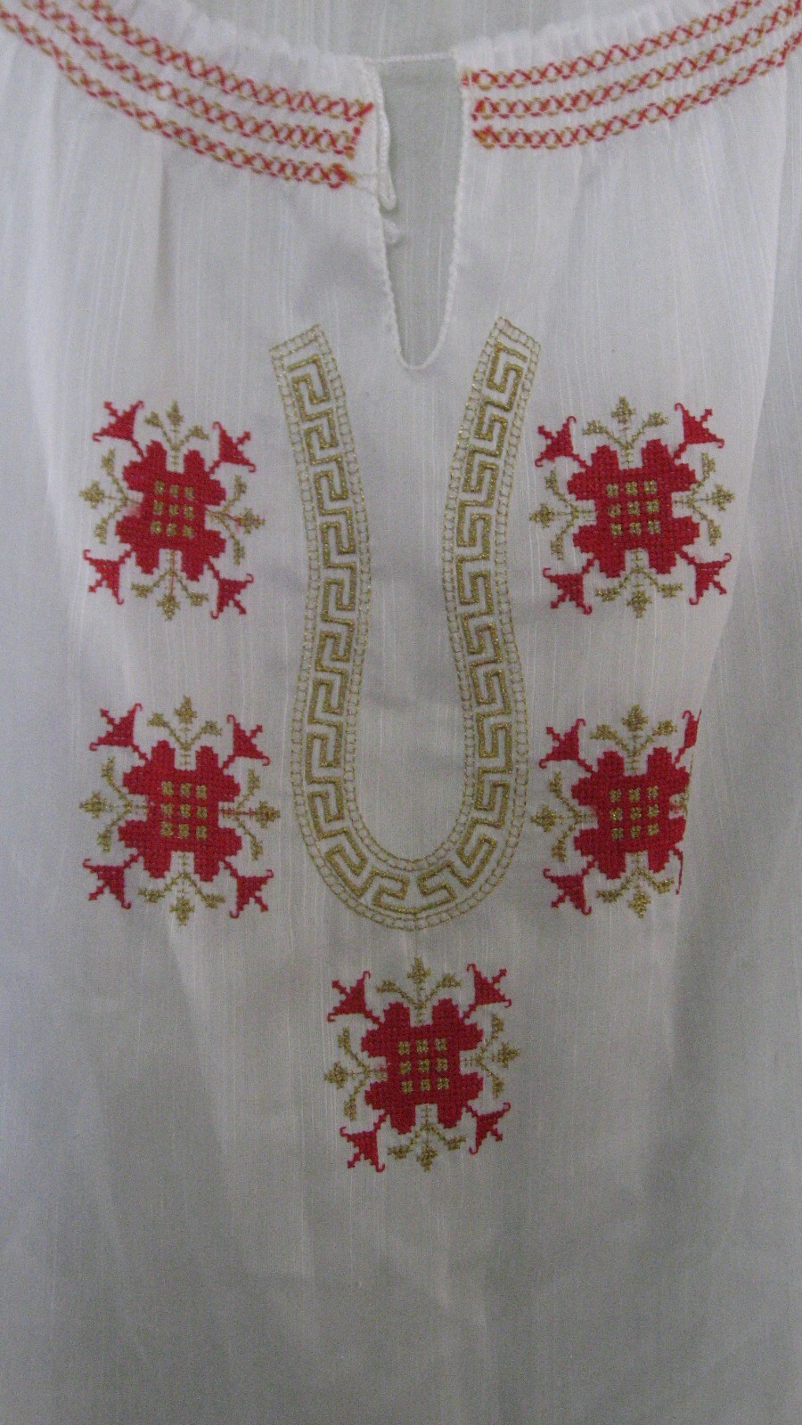 Vintage Greece White Embroidered Peasant Blouse K Papoutsaki Bros. Hippie Boho