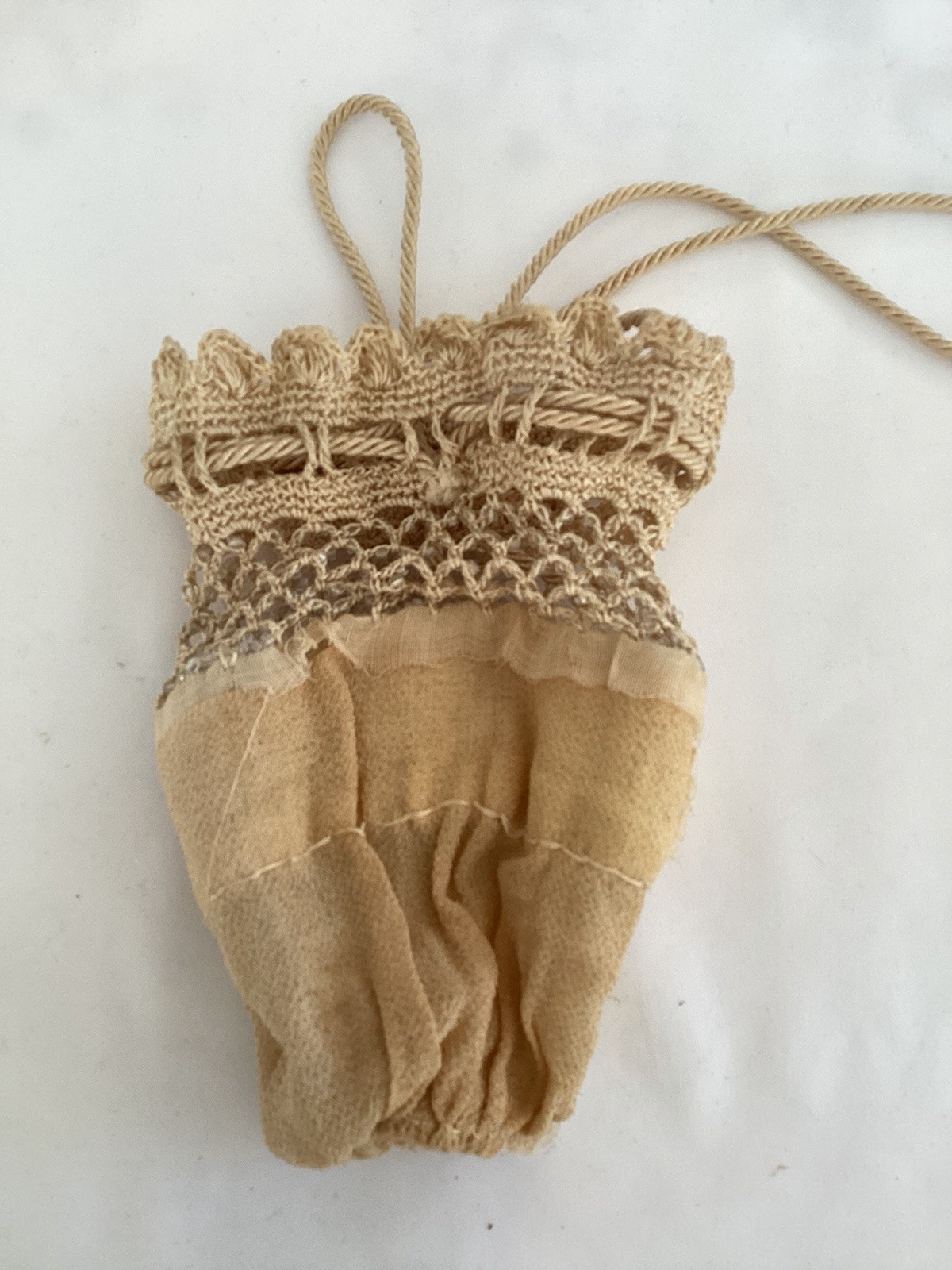 Antique Edwardian Silk Crêpe And Crochet White Glass Beads Reticule Evening Bag