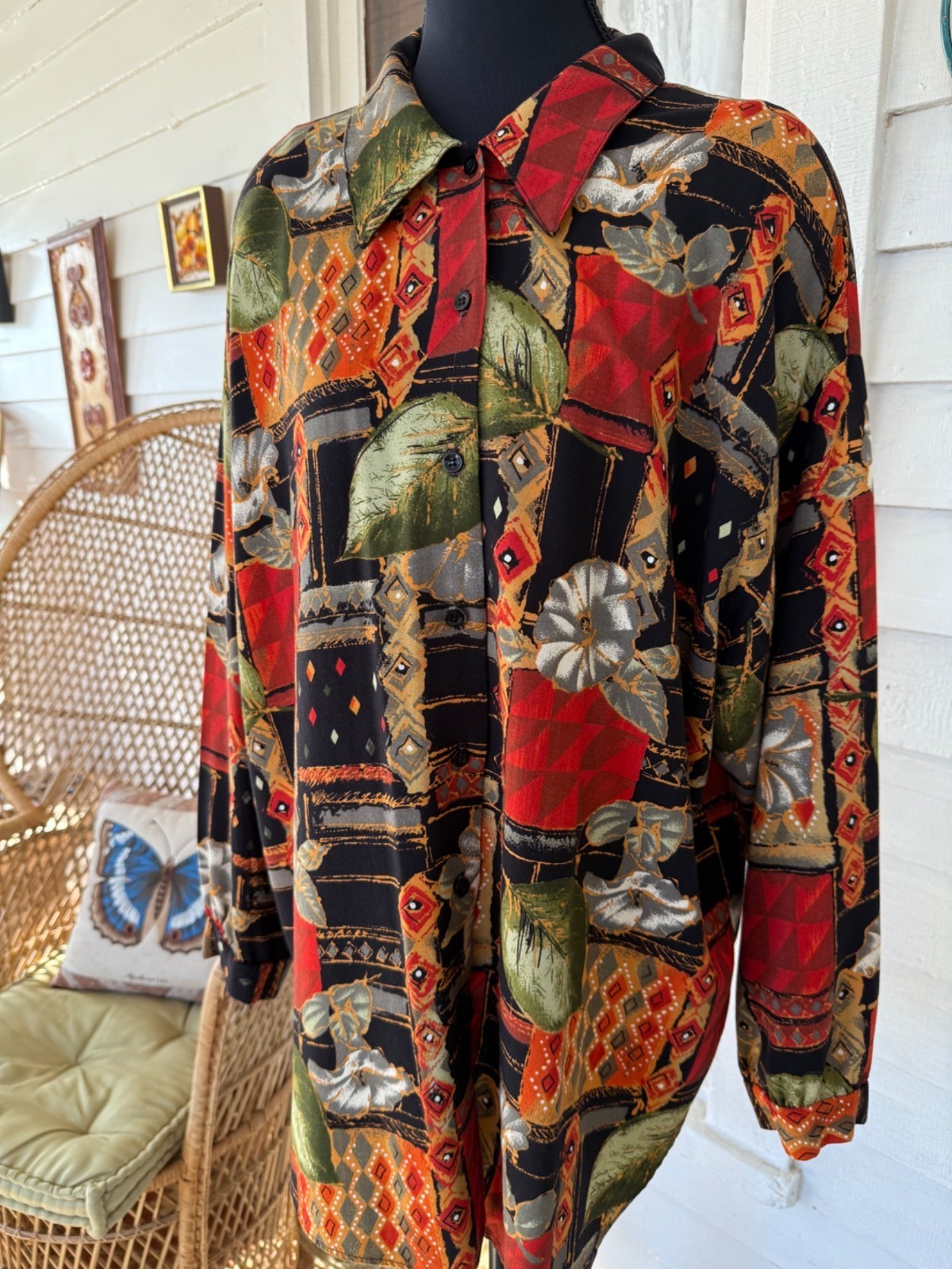 Vintage 80s Abstract Floral Oversized Rayon Long Button Blouse Size M/38
