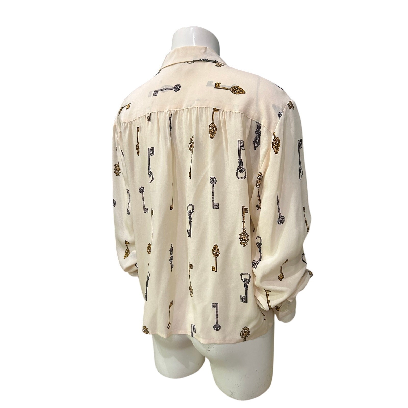 Vintage Silk Key Print Cropped Blouse Novelty Shirt Quiet Luxury top M ^