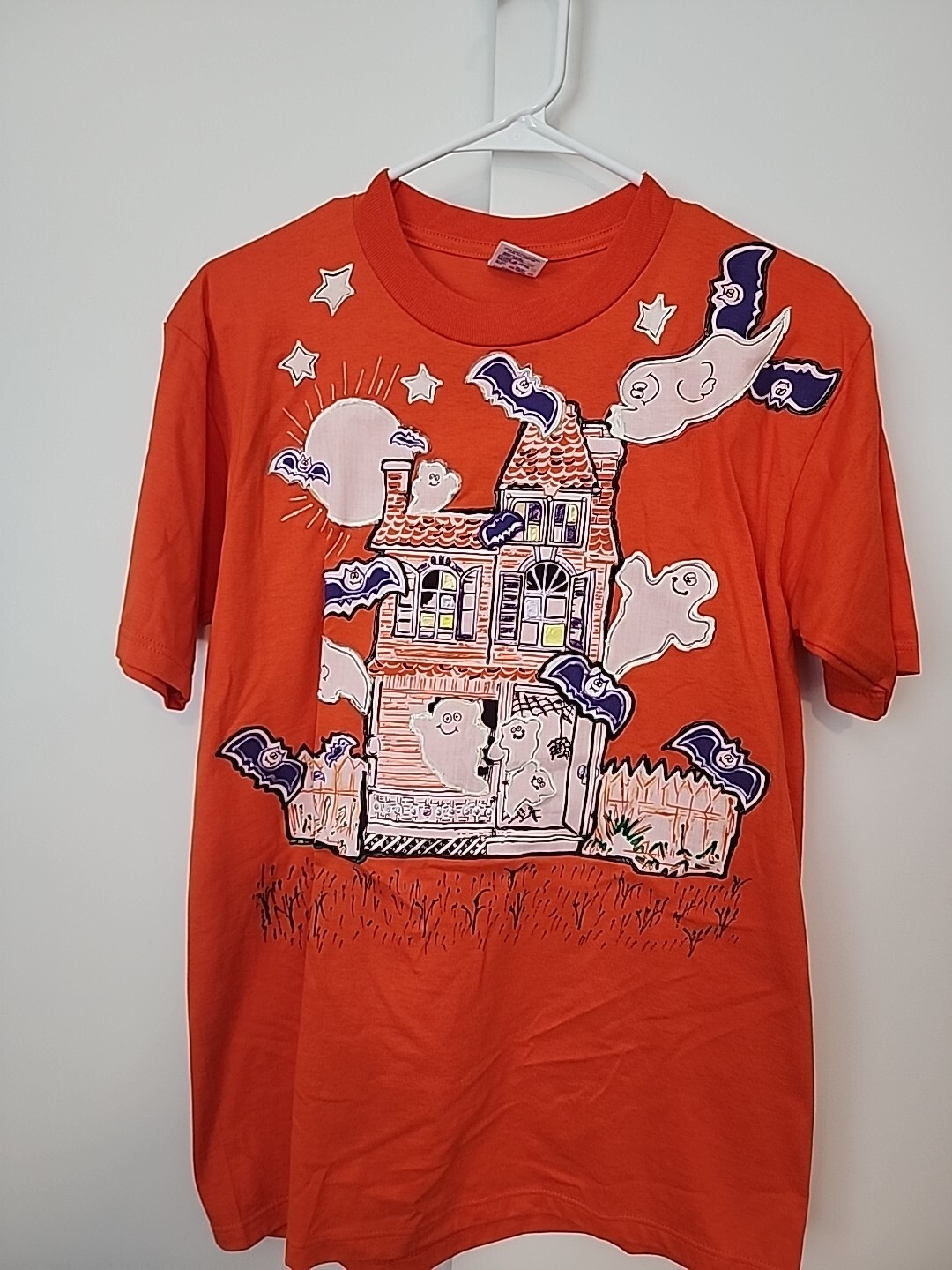 Vtg Jerzees Tee Painted Halloween Pumpkin Bats Ghost Haunted House 80’s 90’s