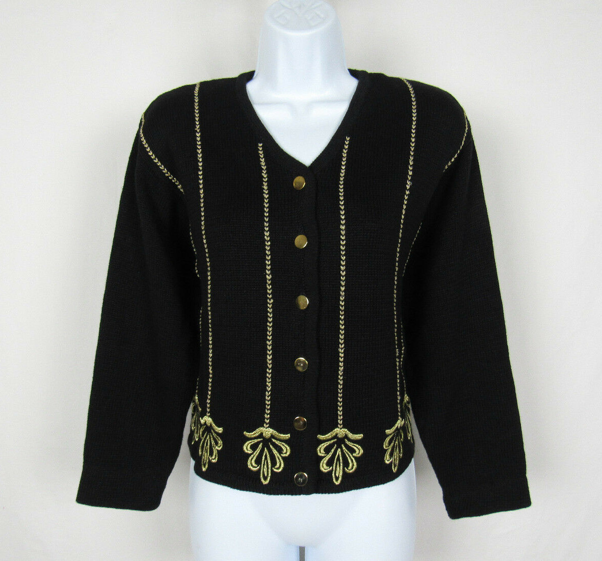 VTG 1980s LISE J. BLACK COTTON RAMIE MEDIUM GOLDEN EMBROIDERY GOLDEN BUTTONS