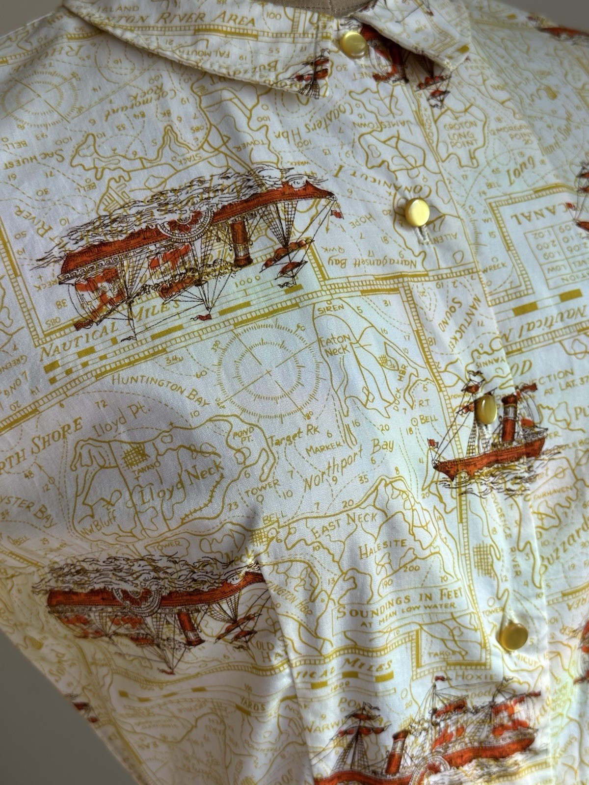 1950s 60s Vintage Map Martha’s Vineyard Nautical Novelty Print Shirtwaist Dress