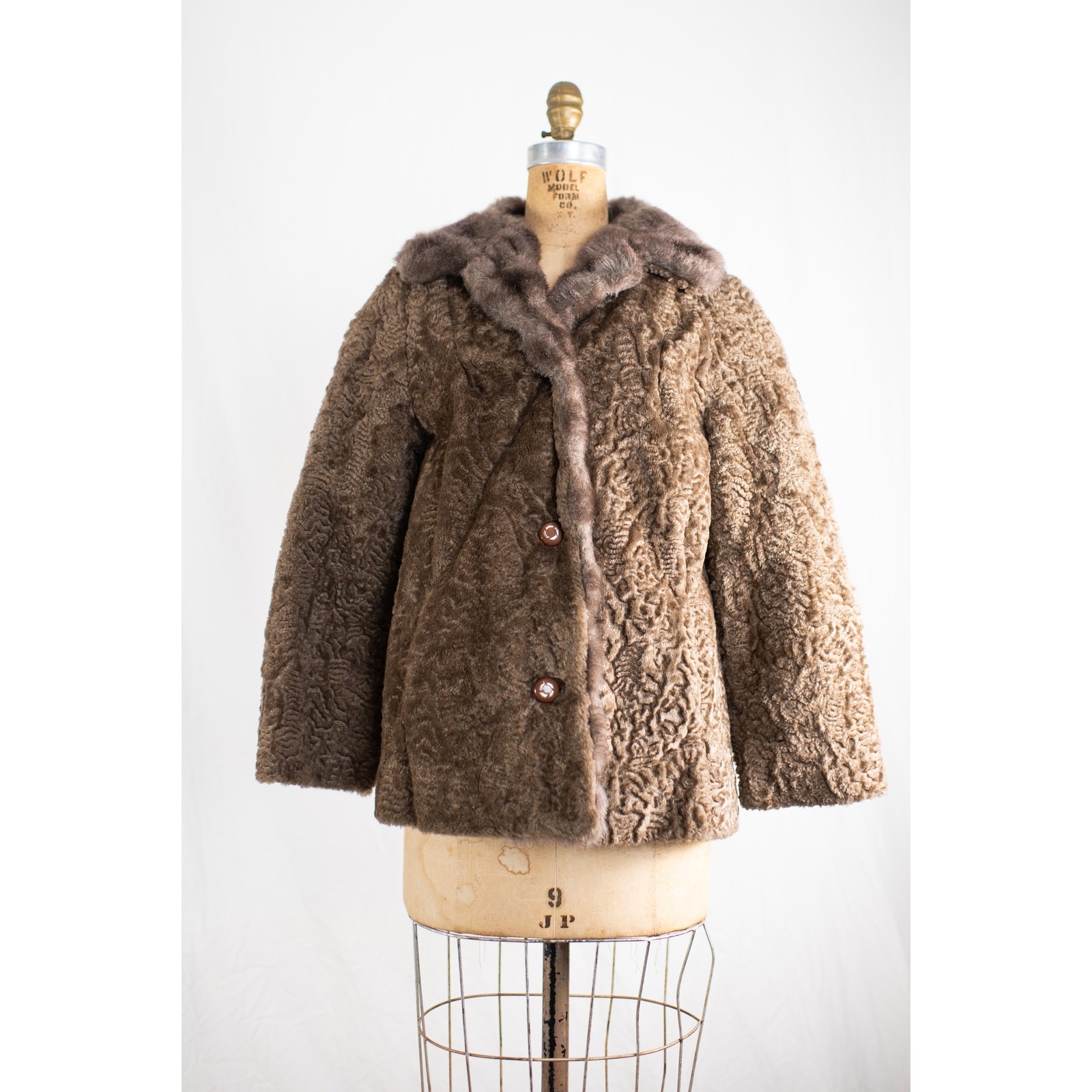 Vintage 1960s Brown Faux Curly Lamb Fur Swing Coat, Glam Old Money Jacket, S M