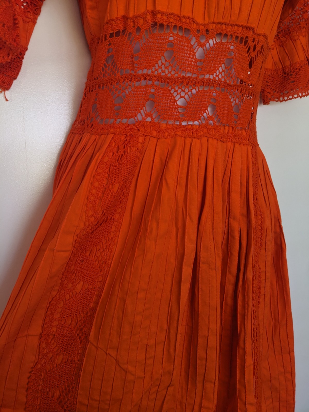 Vintage Orange Cotton Pintuck Crochet Lace Mexican Boho Peasant Dress Maxi 70s
