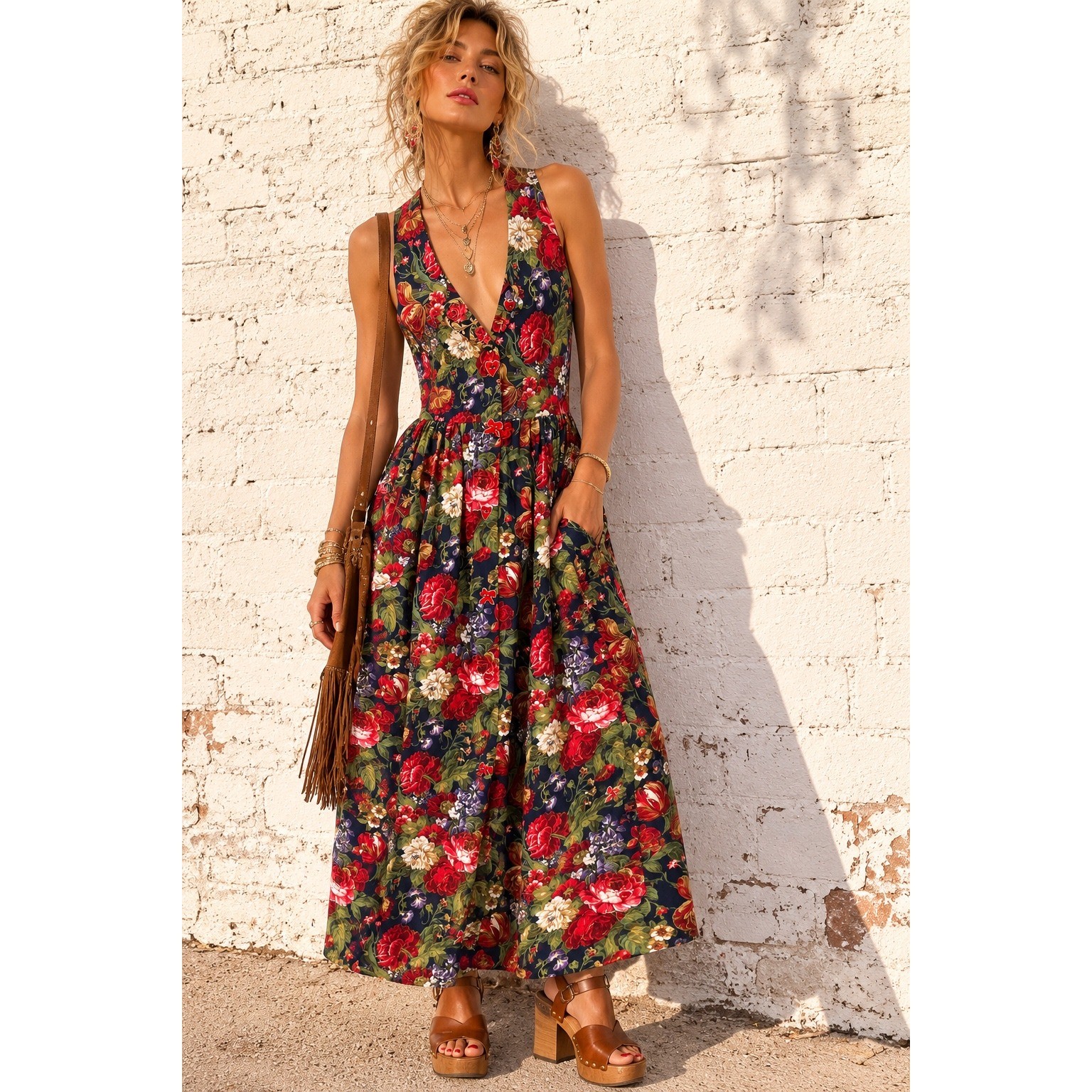Dogwood Lane Navy Floral Cotton Maxi Dress Heart Buttons Vintage CottageCore XS