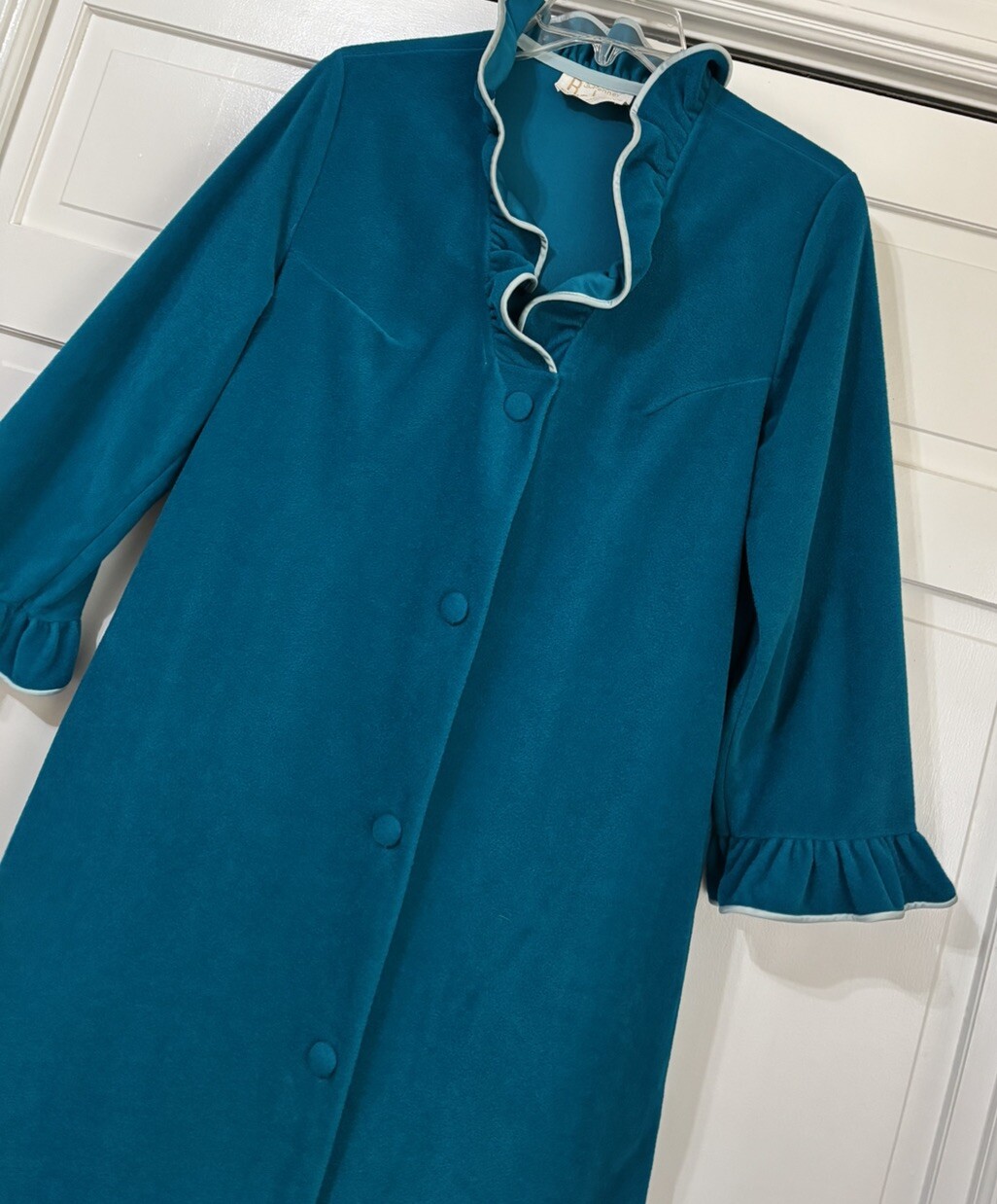 Vintage JC Penny Teal Long Button Up Plush ROBE Women’s Size 14 Made in USA