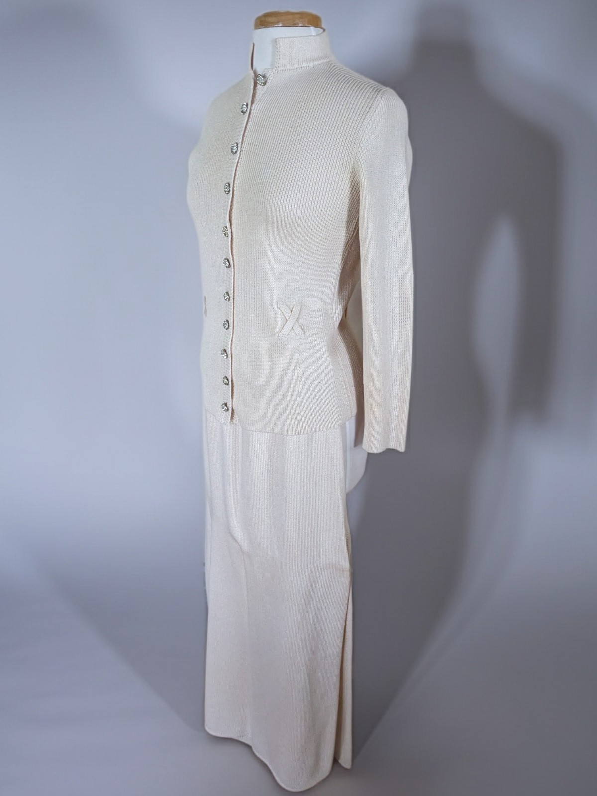 Vintage 80s St John Knits Lillie Rubin Cream Rhinestone Maxi Dress Set
