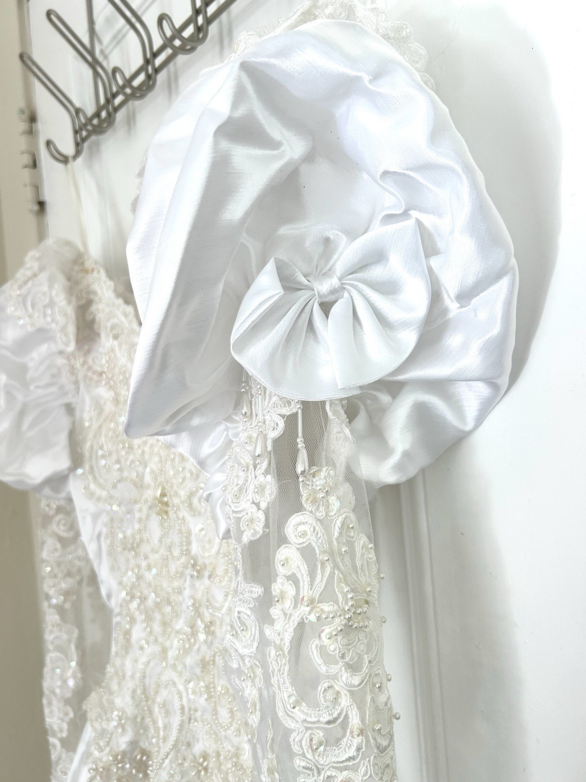 Vintage 1980s White Satin Beaded Wedding Gown & Floral Veil Crown Set Size s