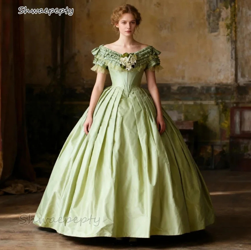 1860s Vintage Victorian Satin Prom Dresses Civil War Lace Sage Ball Evening Gown