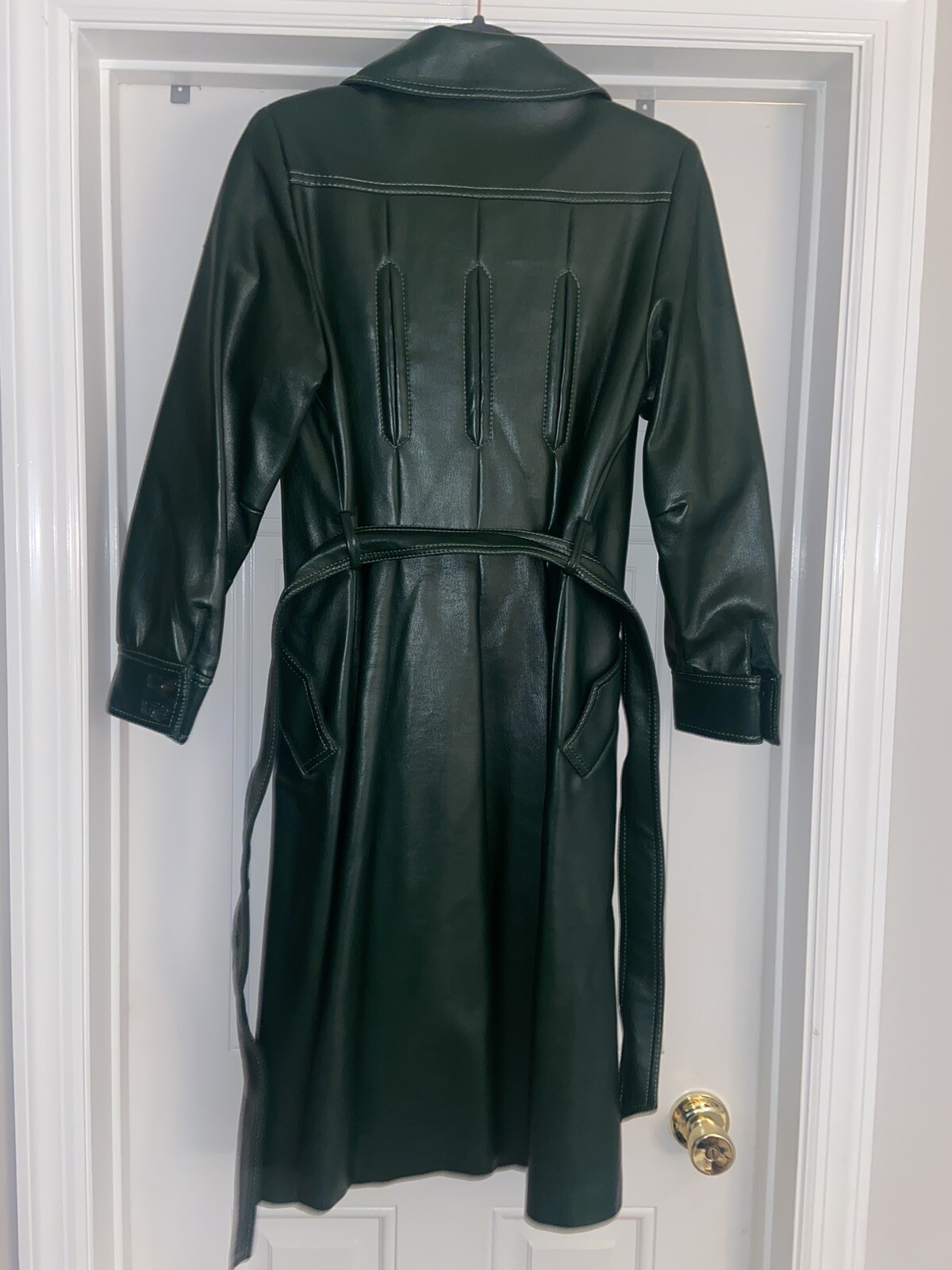 Mod Maid Vintage Pleather Green Long Belted Jacket Coat RARE Womens Size 8