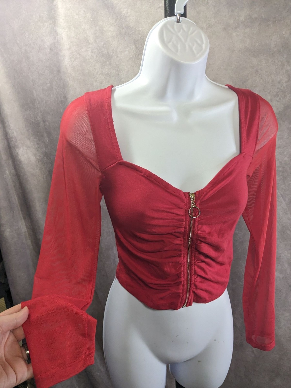 Vintage 90s Ambiance Red Long Sleeve Top With Mesh Sleeves & Gold Zip Front