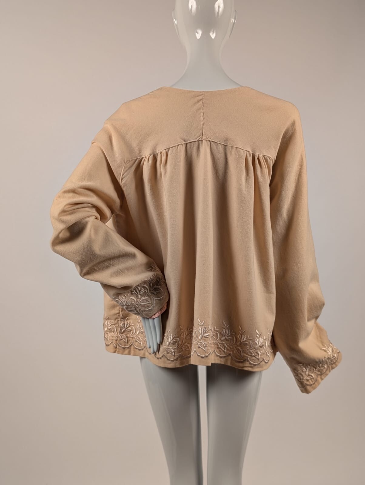 SWEET EDWARDIAN BLONDE WOOL JACKET W SILK EMBROIDERED EDGING + CORD TIE FRONT