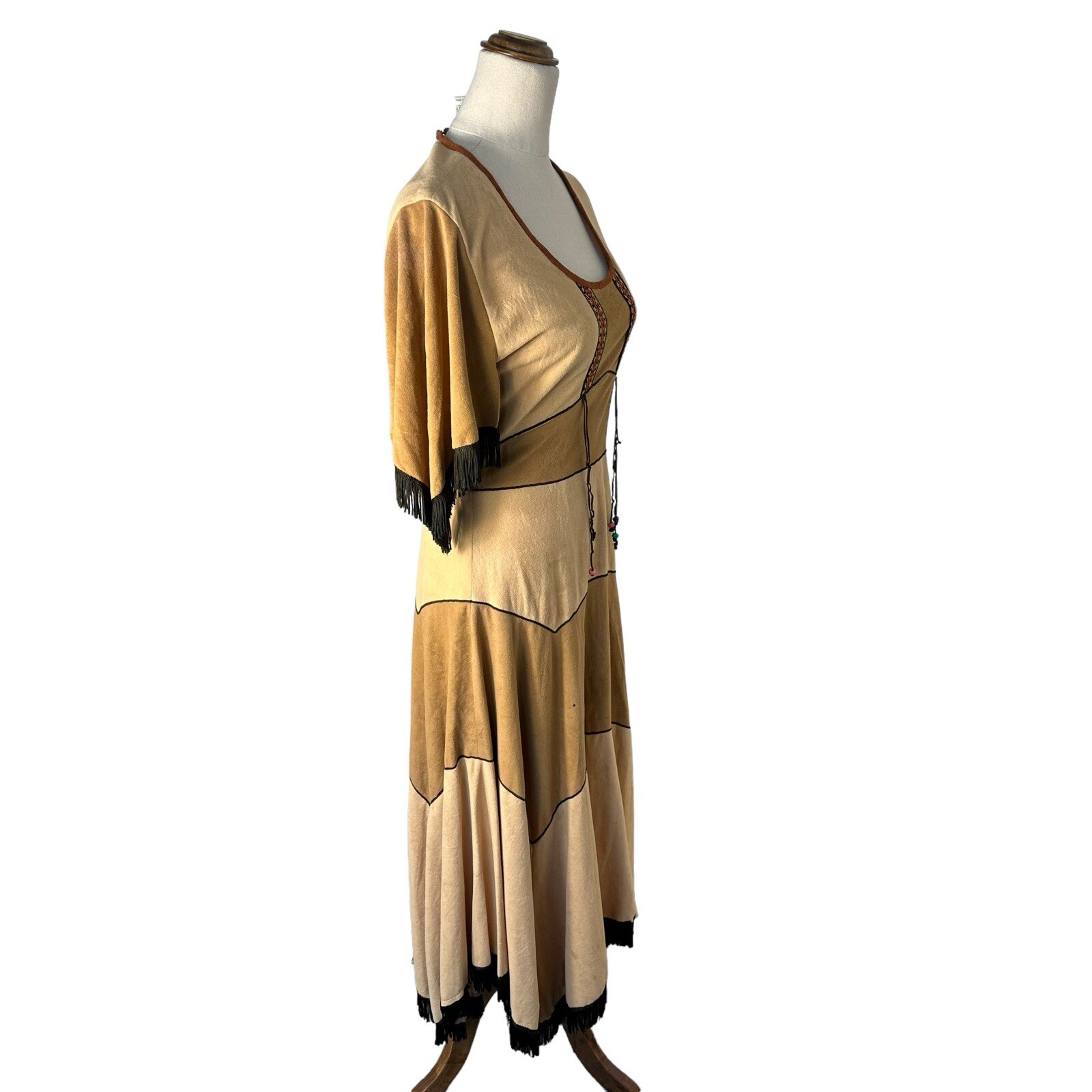 Vintage 70s C&A Brown Fringed Western Midi Dress Cowgirl Boho Festival Sz S