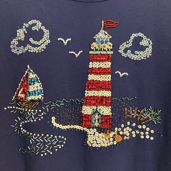 Vintage Quacker Factory Top Womens XS Blue Beaded Sequins Lighthouse Nautical