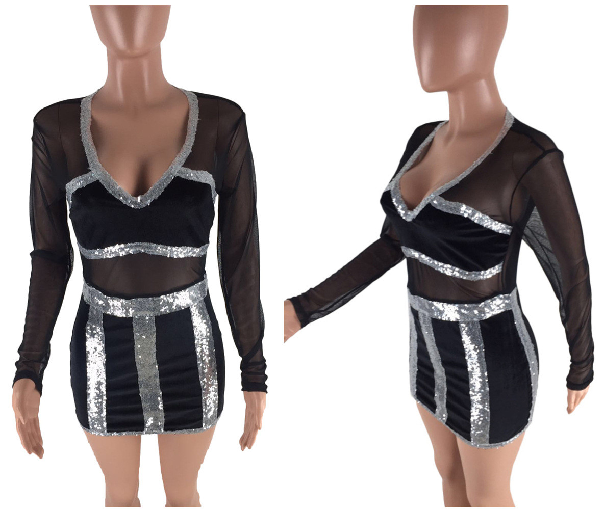 Women Mesh Patchwork Velvet V-Neck Long Sleeve Club Party Sequin Mini Dress （W)