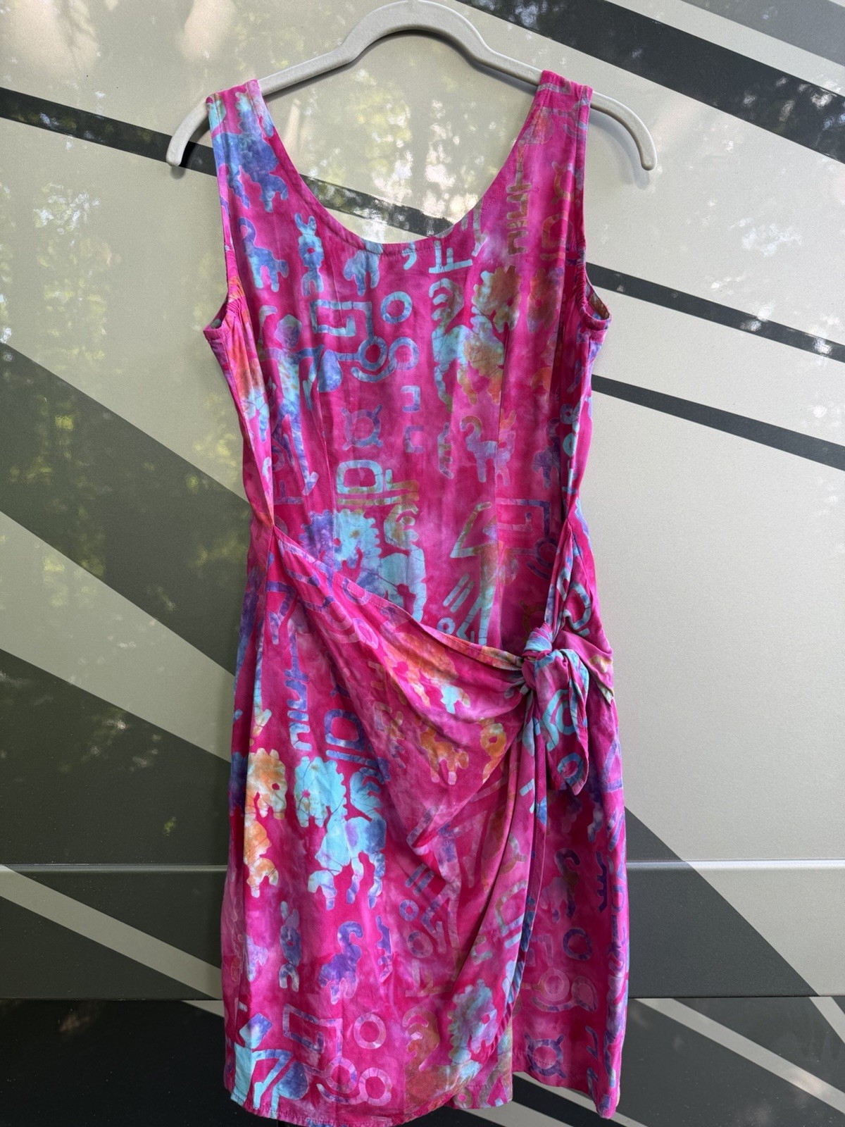 Vintage 80s TROPICAL TANTRUM pink neon graffiti aztec hawaiian tie mini dress XS