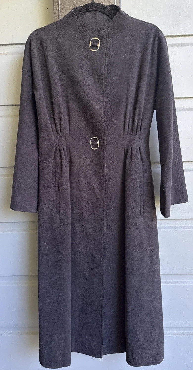 Vtg Pauline Trigere Black Faux Suede Midi Coat, Silver Buttons- Size 8