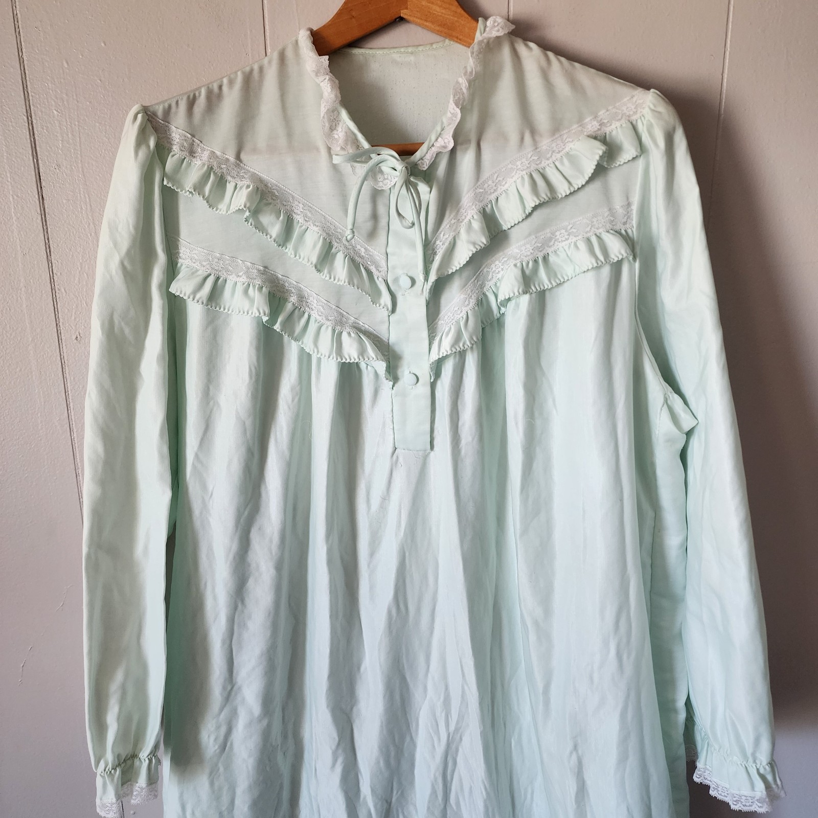 Vintage 1970s Sears Nightgown L 16/18 Mint Green Lace Ruffle Prairie Cottagecore