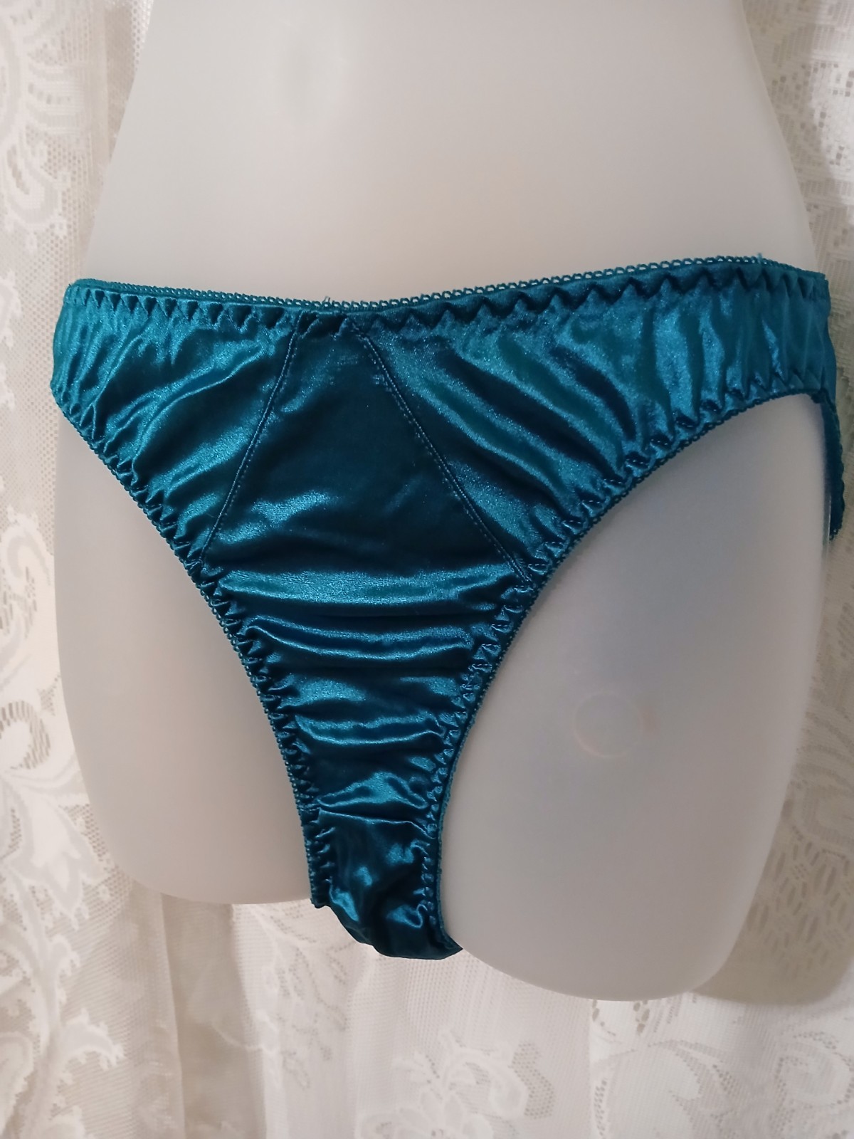 Vintage 90s Teal Green Wet Look Satin Nylon Second Skin Hi-Cut Panties L EUC
