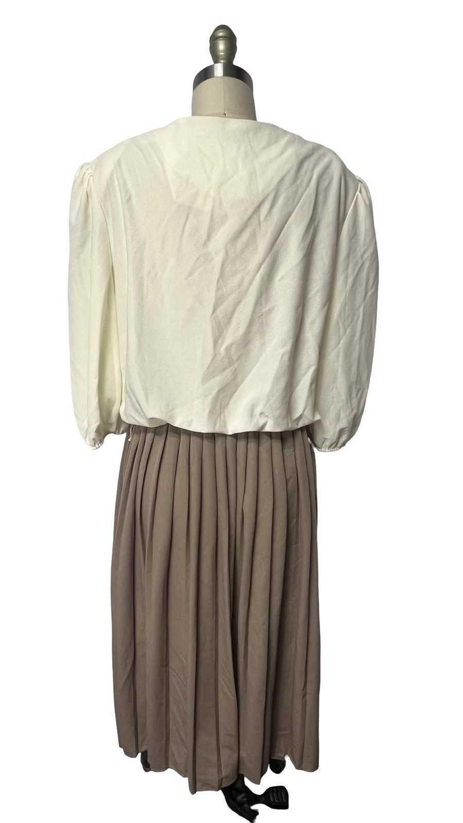 Vintage 80s Neutral Polyester USA Made Embroidered Collar Secretary Dress Sz 18