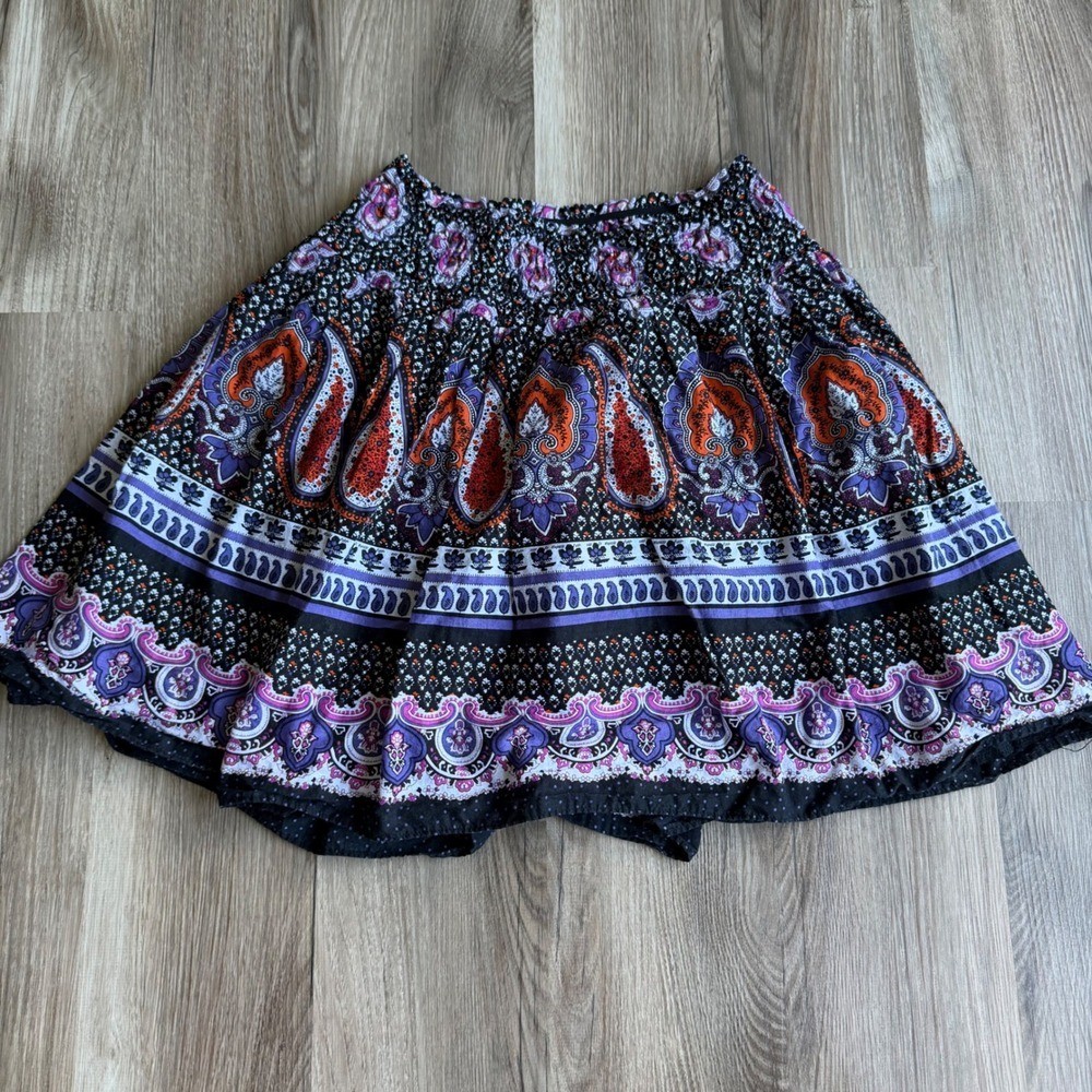 Y2K Chime Boho Paisley Smocked Mini Skirt Purple Orange Floral Festival Size M