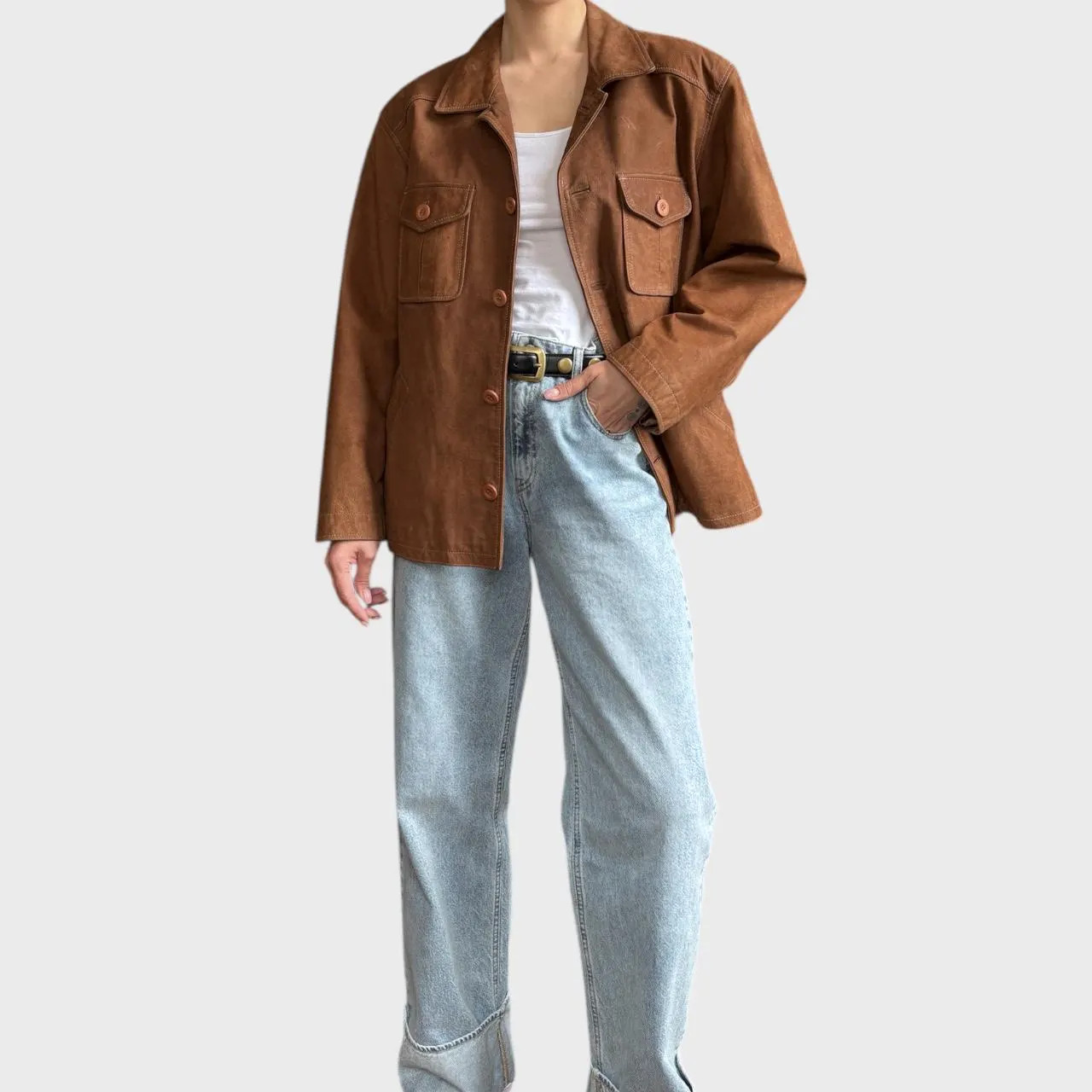 Vintage Brown Leather Jacket Oversized Unisex Button Up size US L/XL
