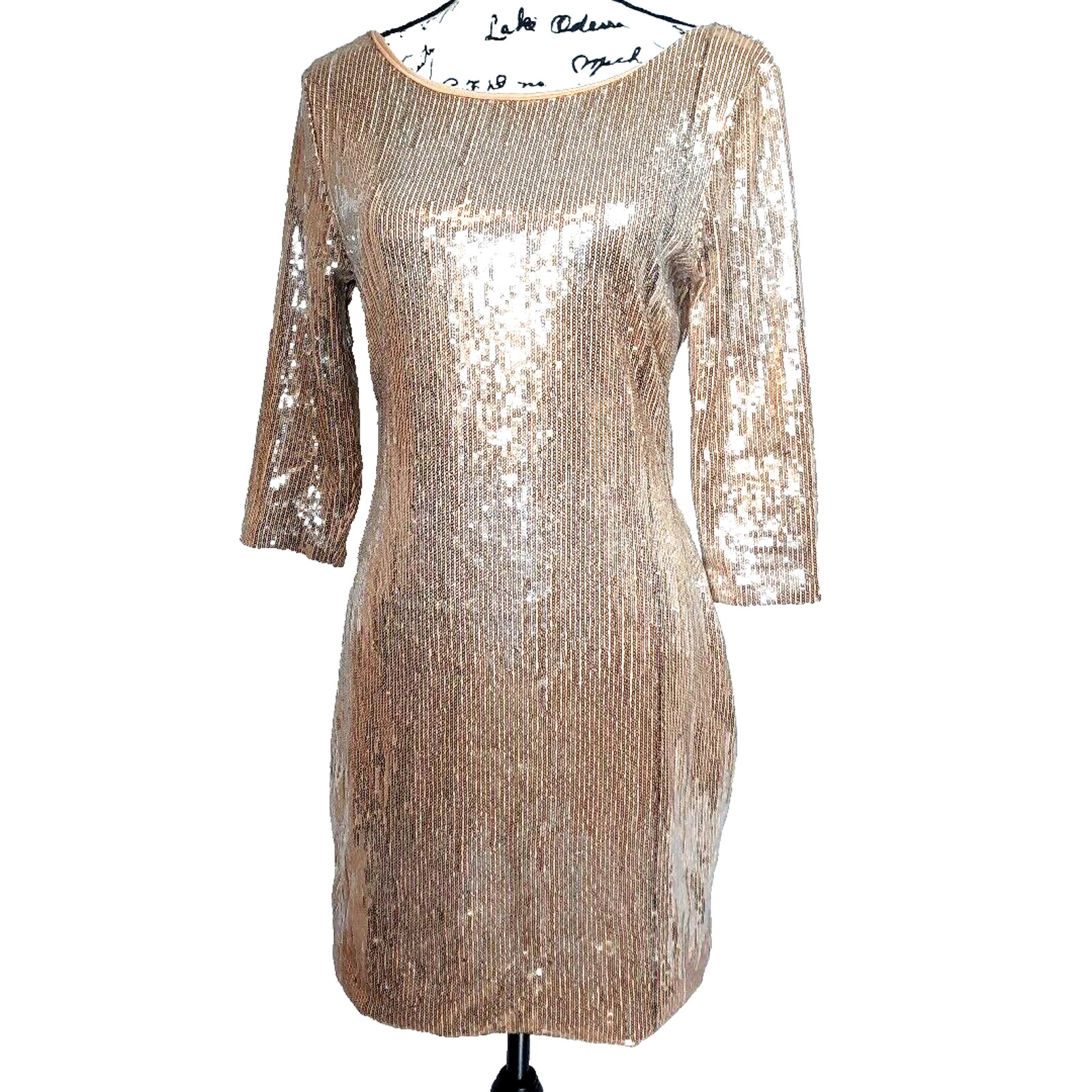 Vtg Fredericks of Hollywood Gold Sequin Mini Dress Large Stretchy Bodycon Party