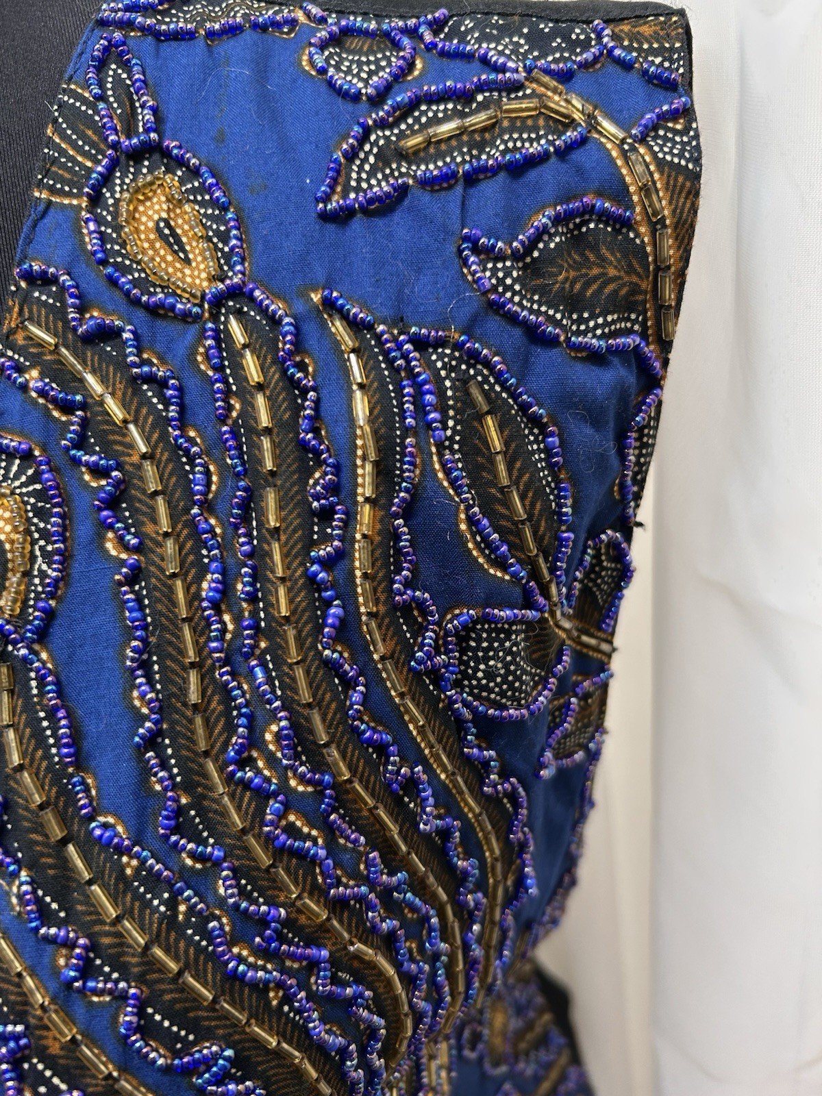 Vintage Tan Cita Womens M Blue Gold Beaded Embroidered Vest Boho Y2K Tie Back