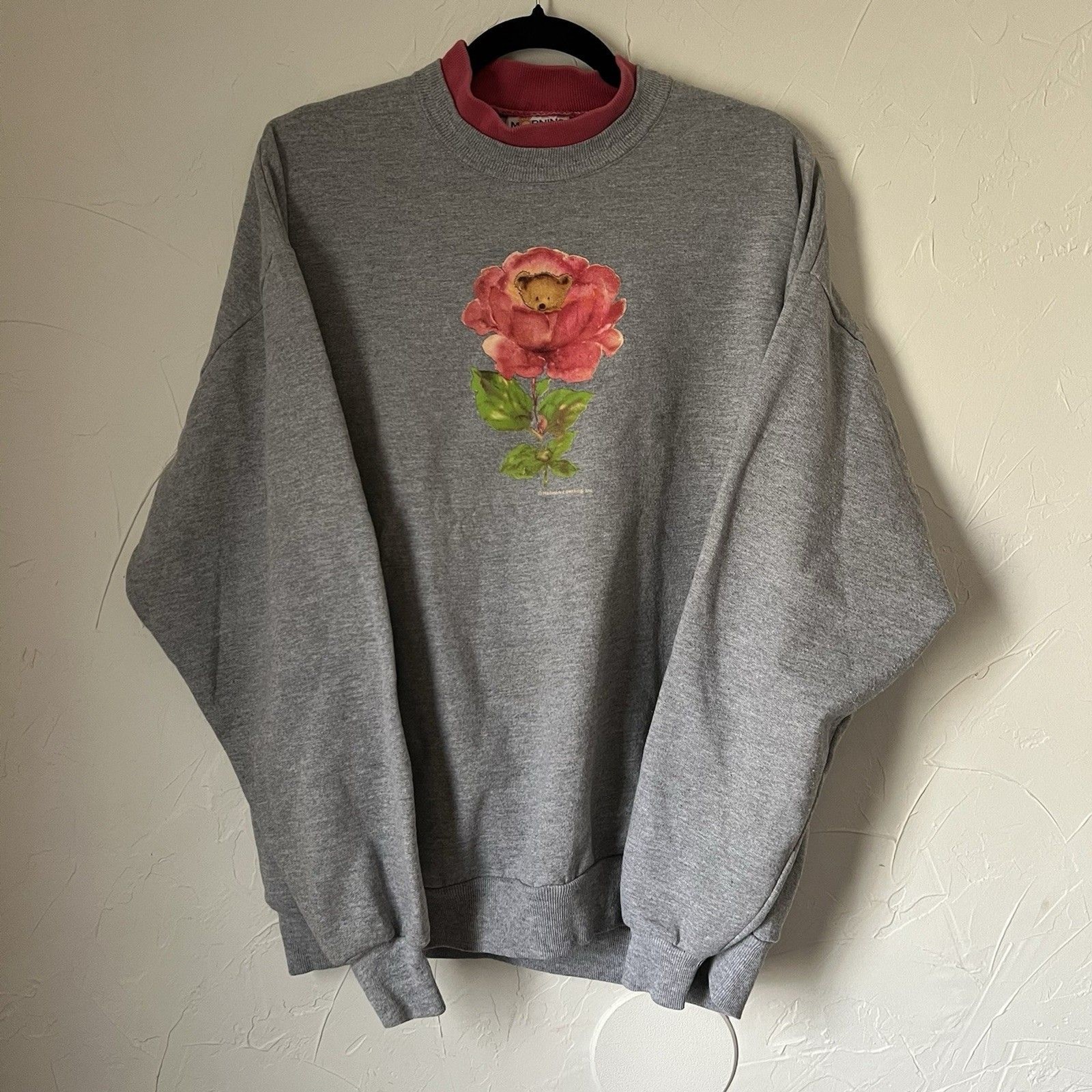 Vintage 90s Morning Sun Teddy Bear Rose Sweatshirt Hallmark Grandma Cozy Size XL