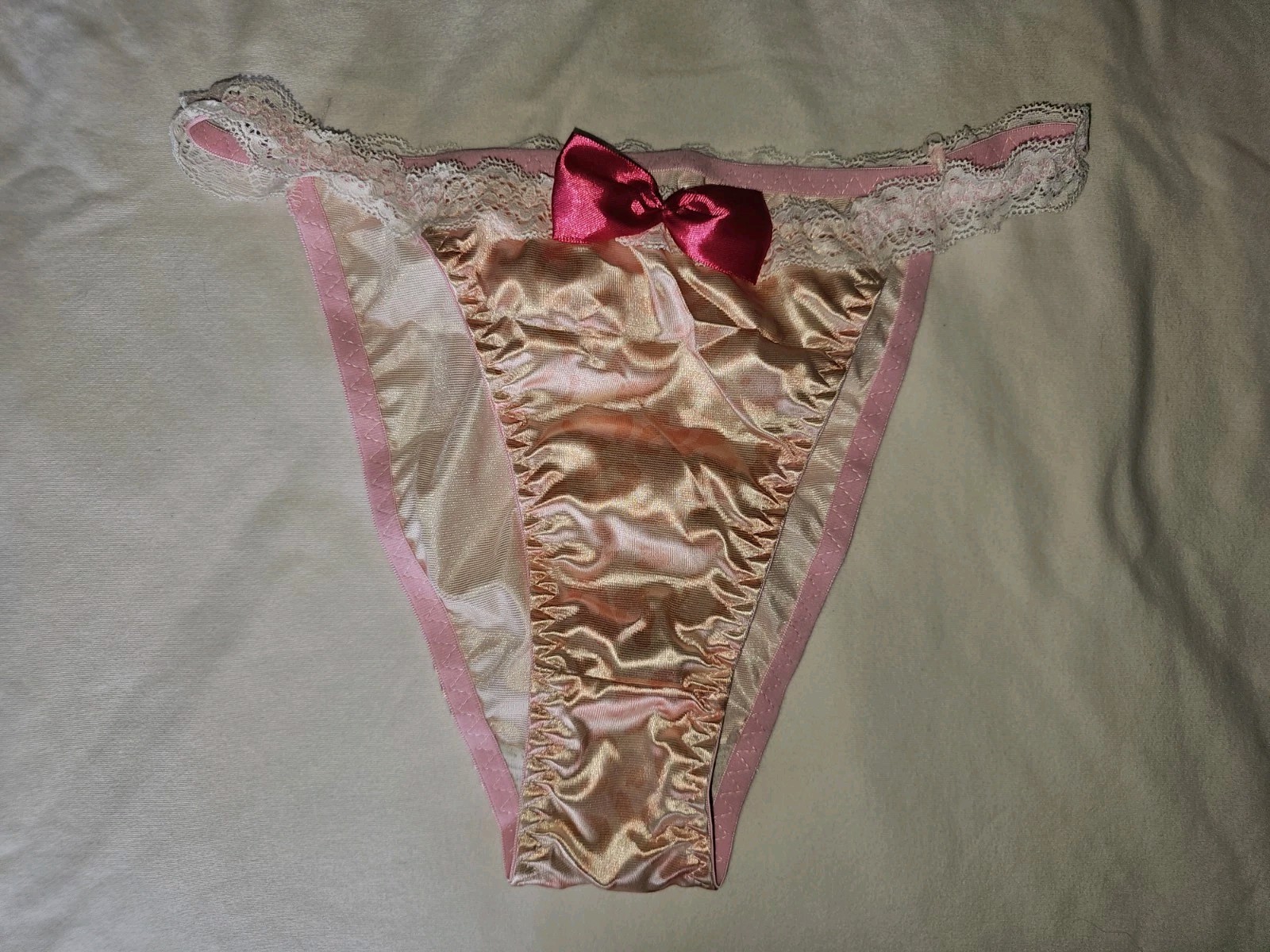 Vintage Girly Glossy Satin String Bikini Light Pink Panties. Size Large