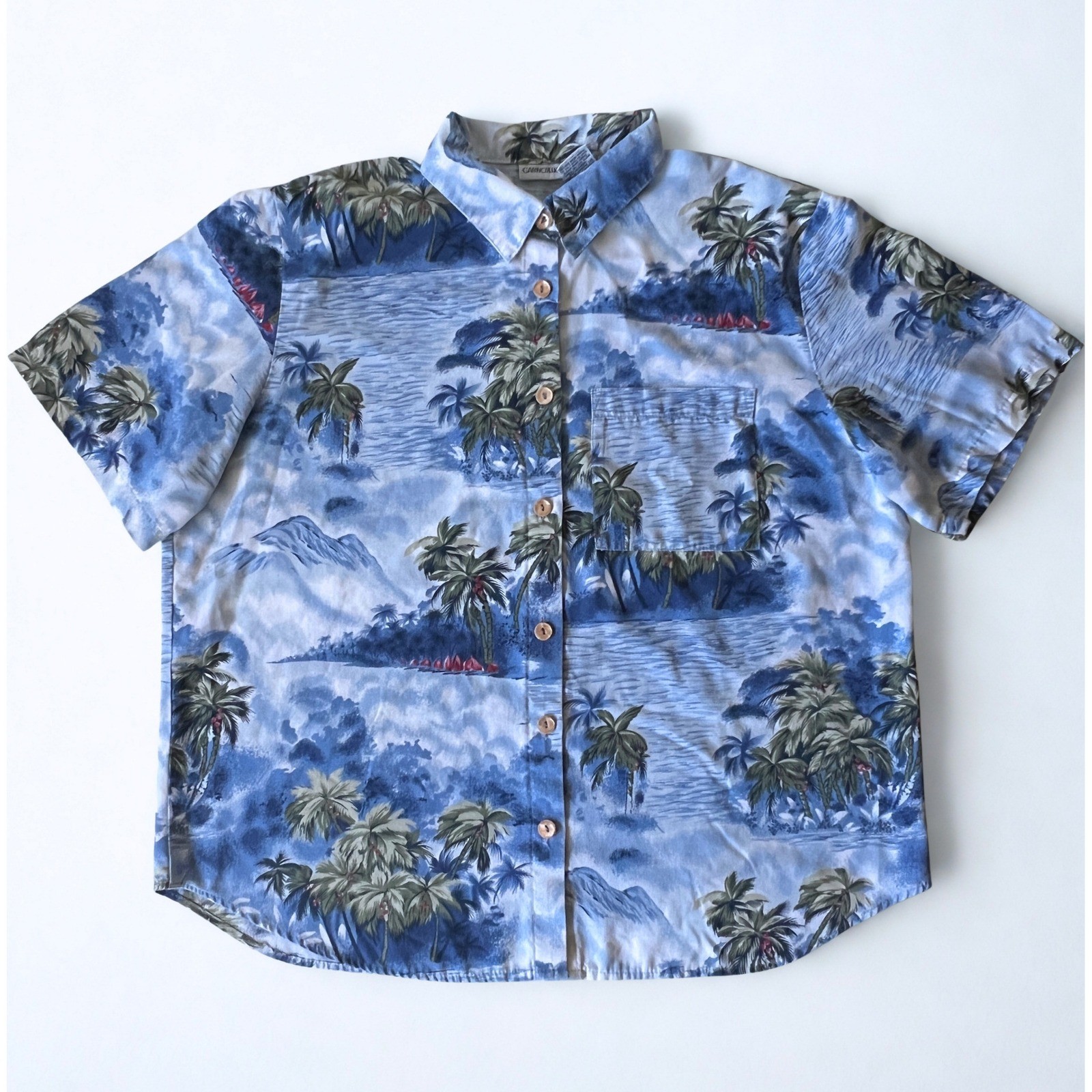 Cabin Creek Hawaiian Tropical Camp Shirt Blue Palm Trees Cotton Blend 1X Vintage