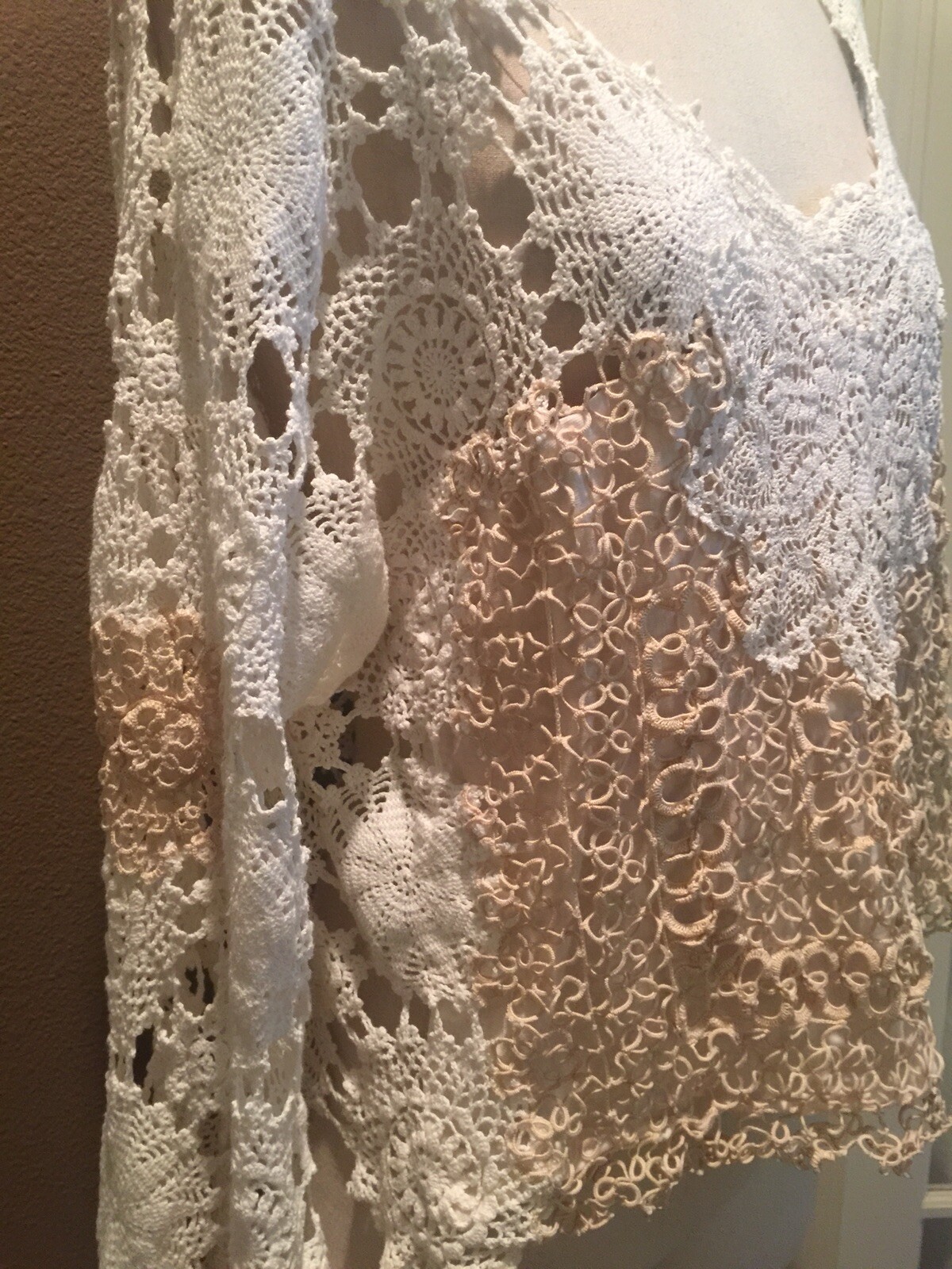 Antique Vtg Handmade M White Crochet Tatted Lace Coquette Top Blouse
