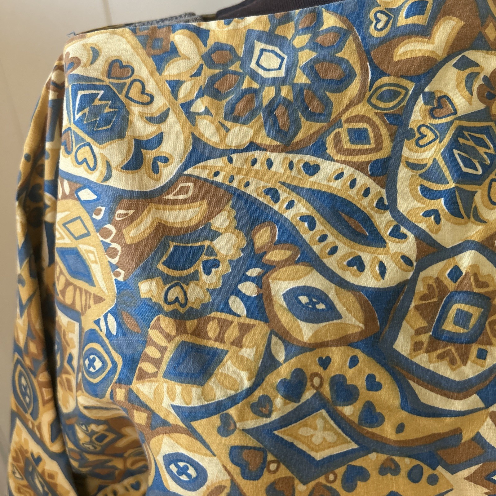 Vintage 1960’s Handmade Gold/Blue Paisley Print Caftan Maxi With Ball Fringe M