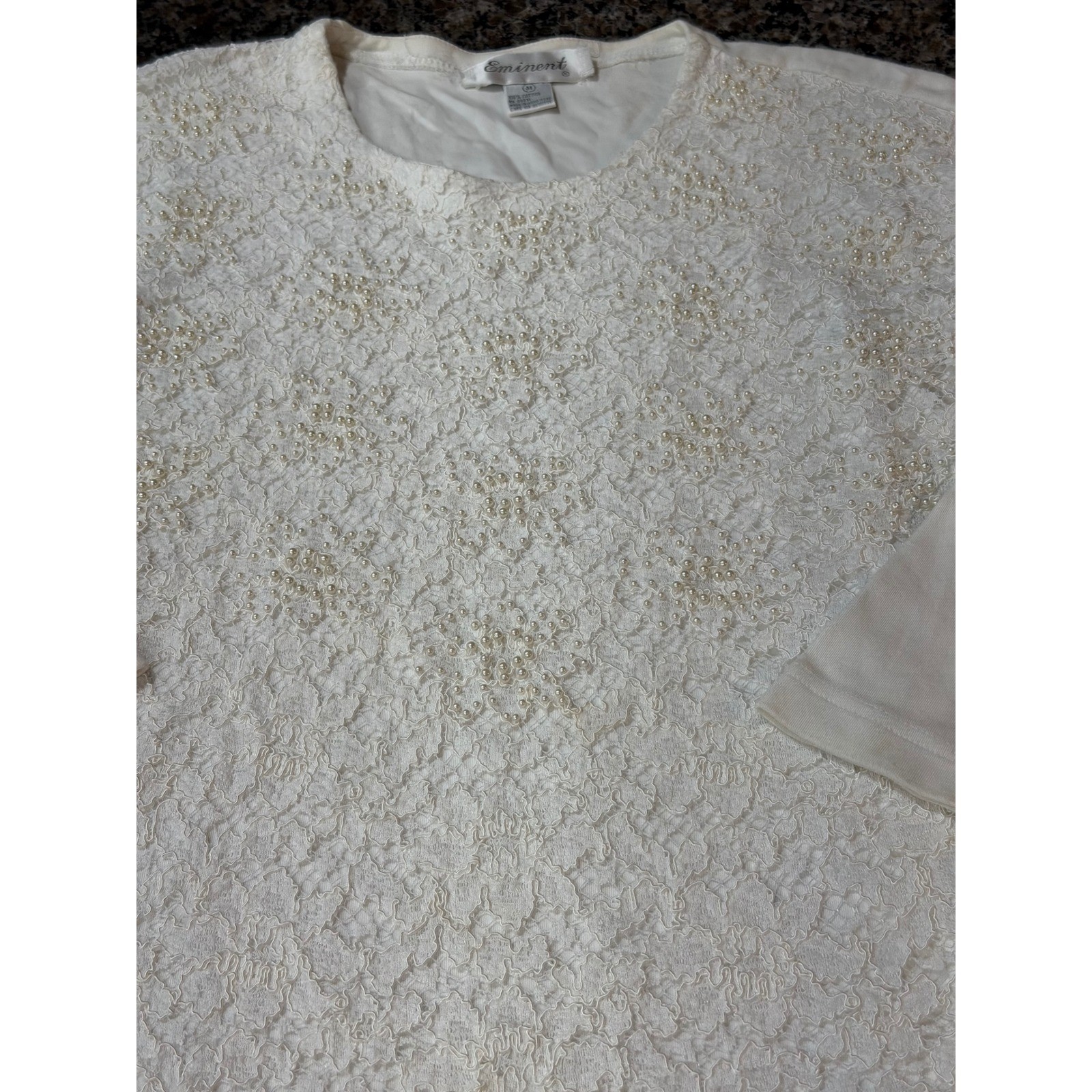 Eminent Vintage Ivory Lace Pearl Beaded Long Sleeve Top Cotton Womens Medium