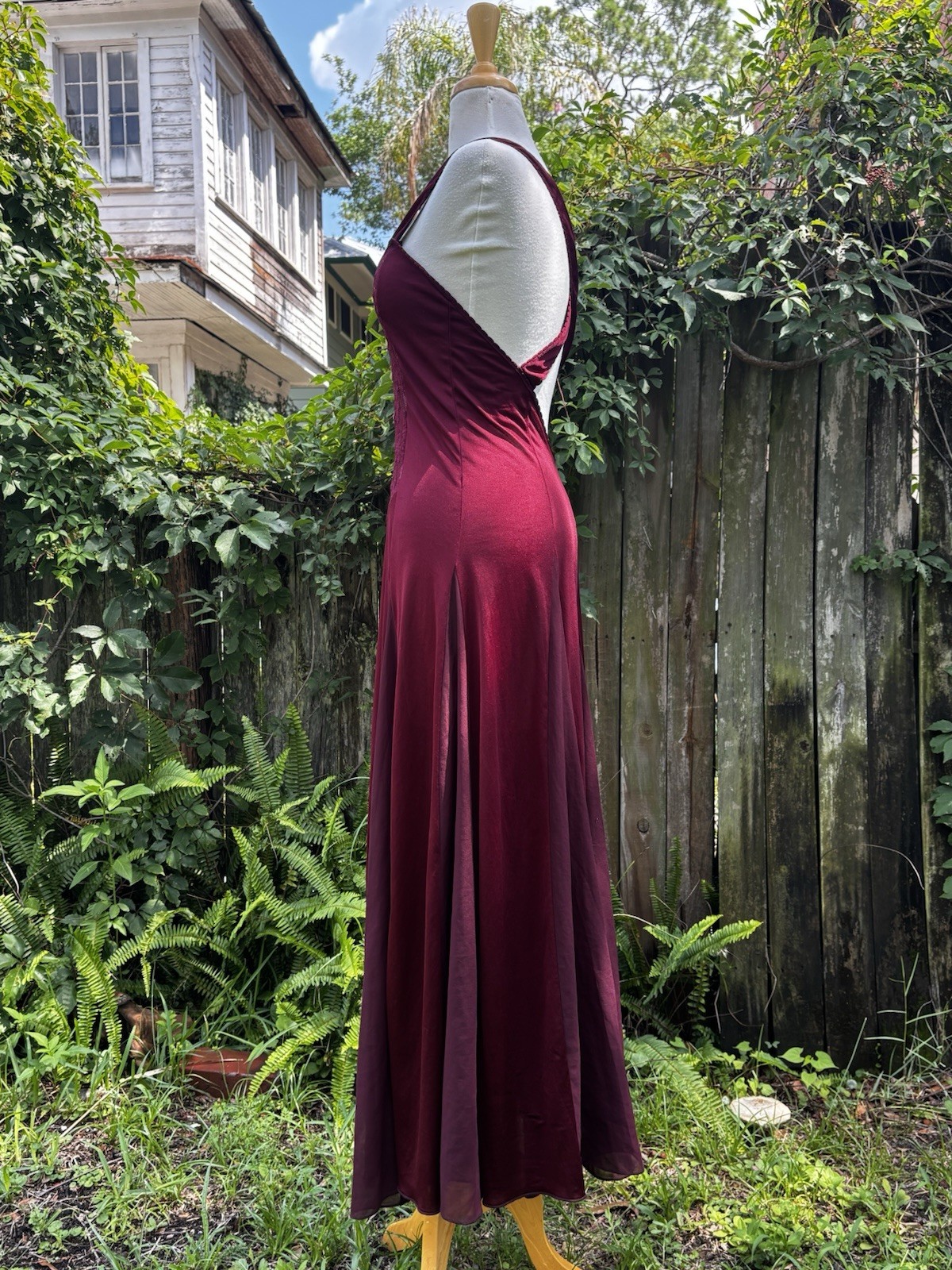 Women’s Burgundy Slip Nightgown with Lace Bodice and Crisscross Back Straps