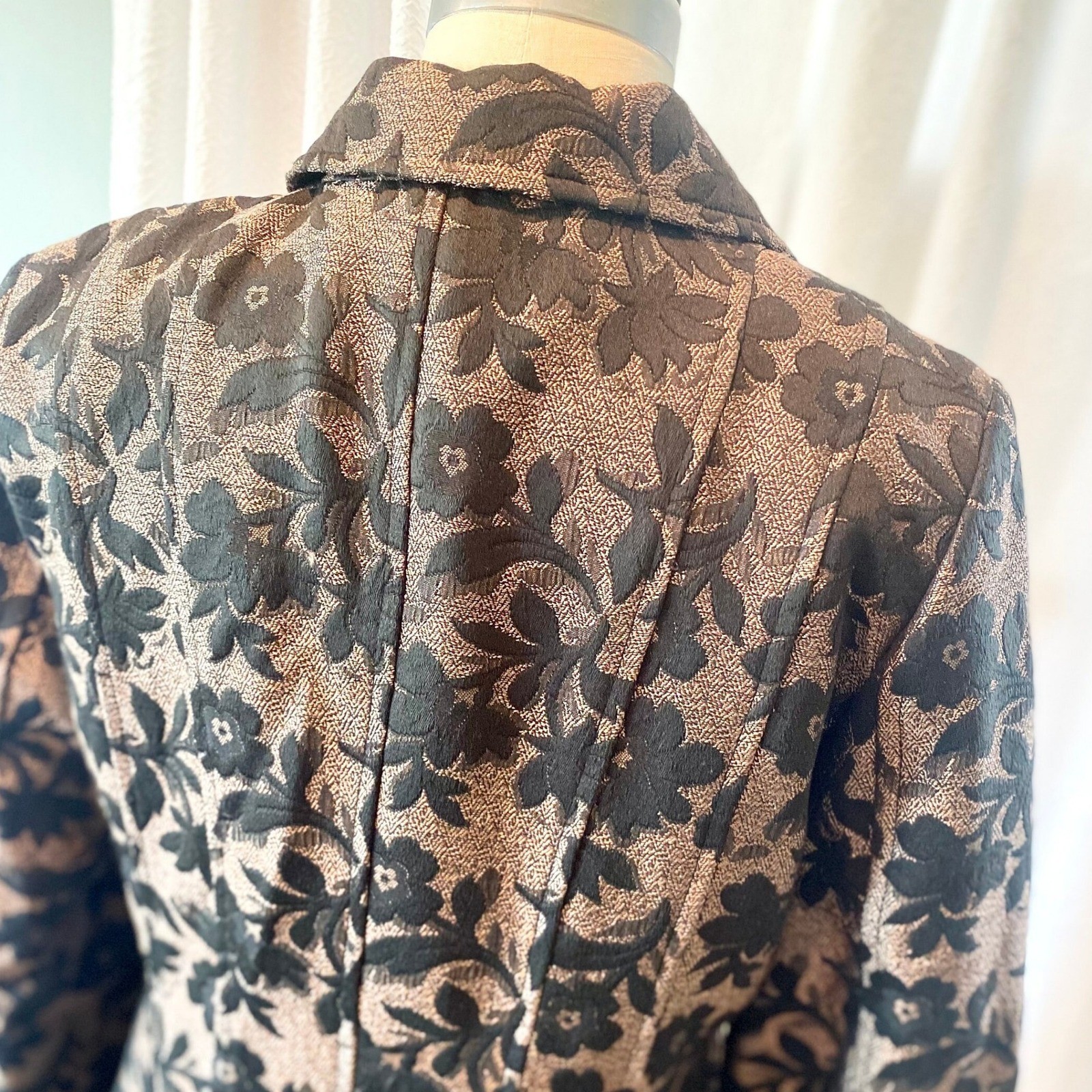 Vintage Brocade Trench Coat, Black Copper Metallic Floral, Size 12