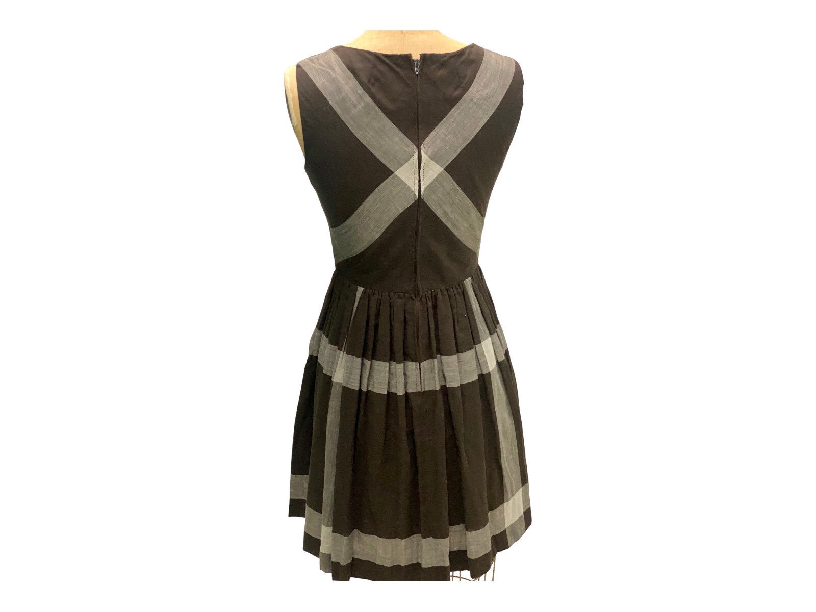 Vintage 1960s Brown Gray Striped Cotton Fit & Flair Dress Small