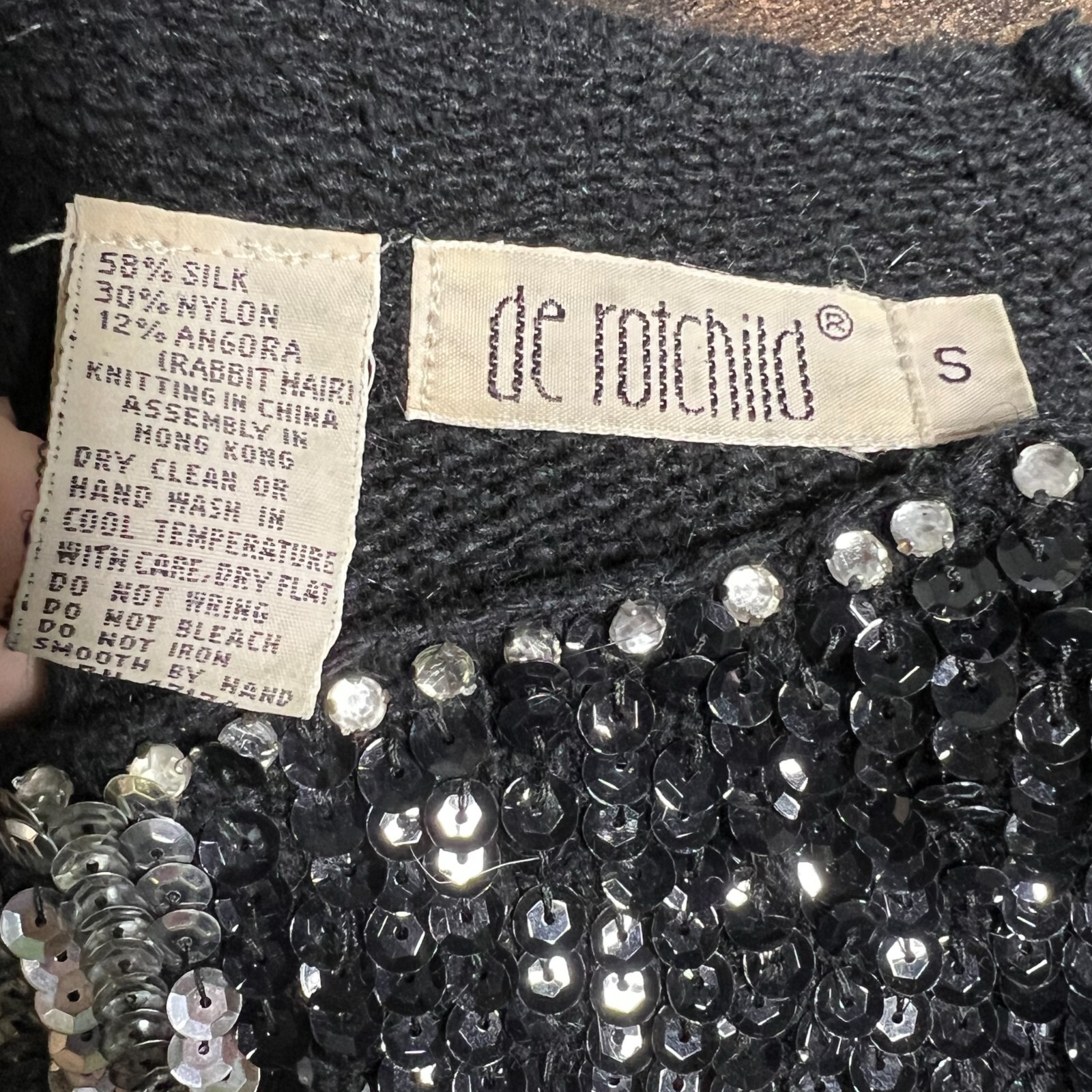 Vintage Black & Silver Sequin Rhinestone Ribbon Bow Embellished Sweater S Angora