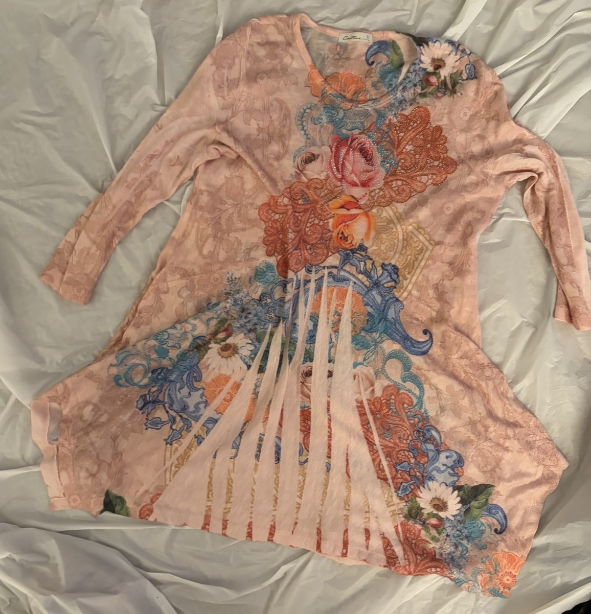 Y2K Beautiful light Coral Sequin Floral Long Sleeve Top Size L by Cactus Brand