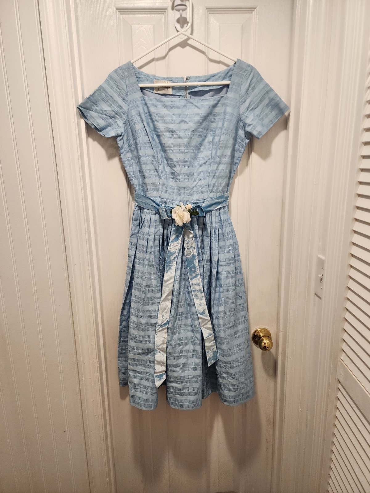 VTG 50s Jonathan Logan Powder Blue Fit & Flare Jrs Day Dress Velvet Ribbon SZ 2
