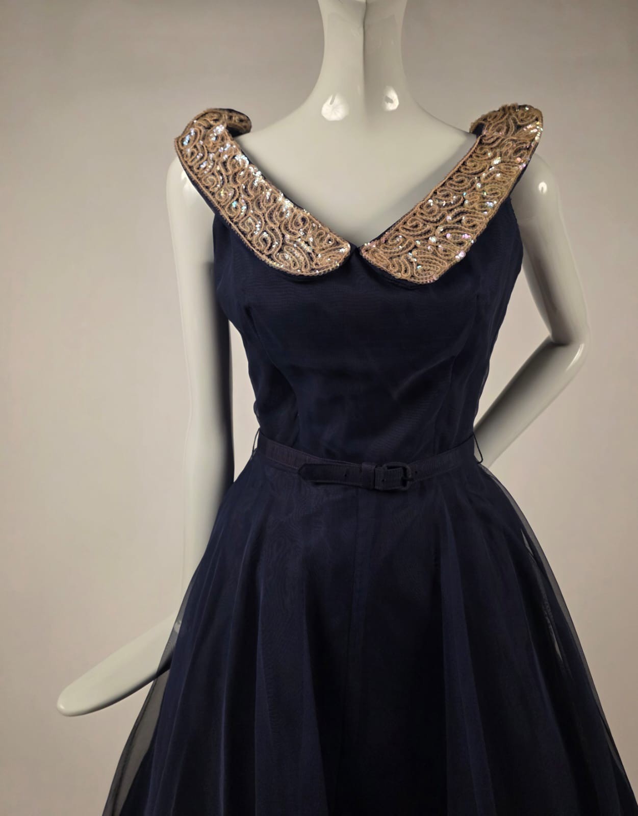 VINTAGE 1950’S BLUE ORGANZA OVER TAFFETA PARTY DRESS W SPARKLING SEQUIN COLLAR